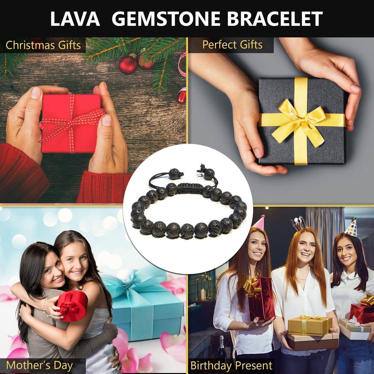 ANAYA AGATE Lava Rock Chakra Bracelet - Energy Protection Crystal Handmade Adjustable Bead Bracelet Perfect for Men, Women’s Christmas Gift - Gemstone Healing Stretch Pulsera Para Hombre Mujer Stocking Stuffer