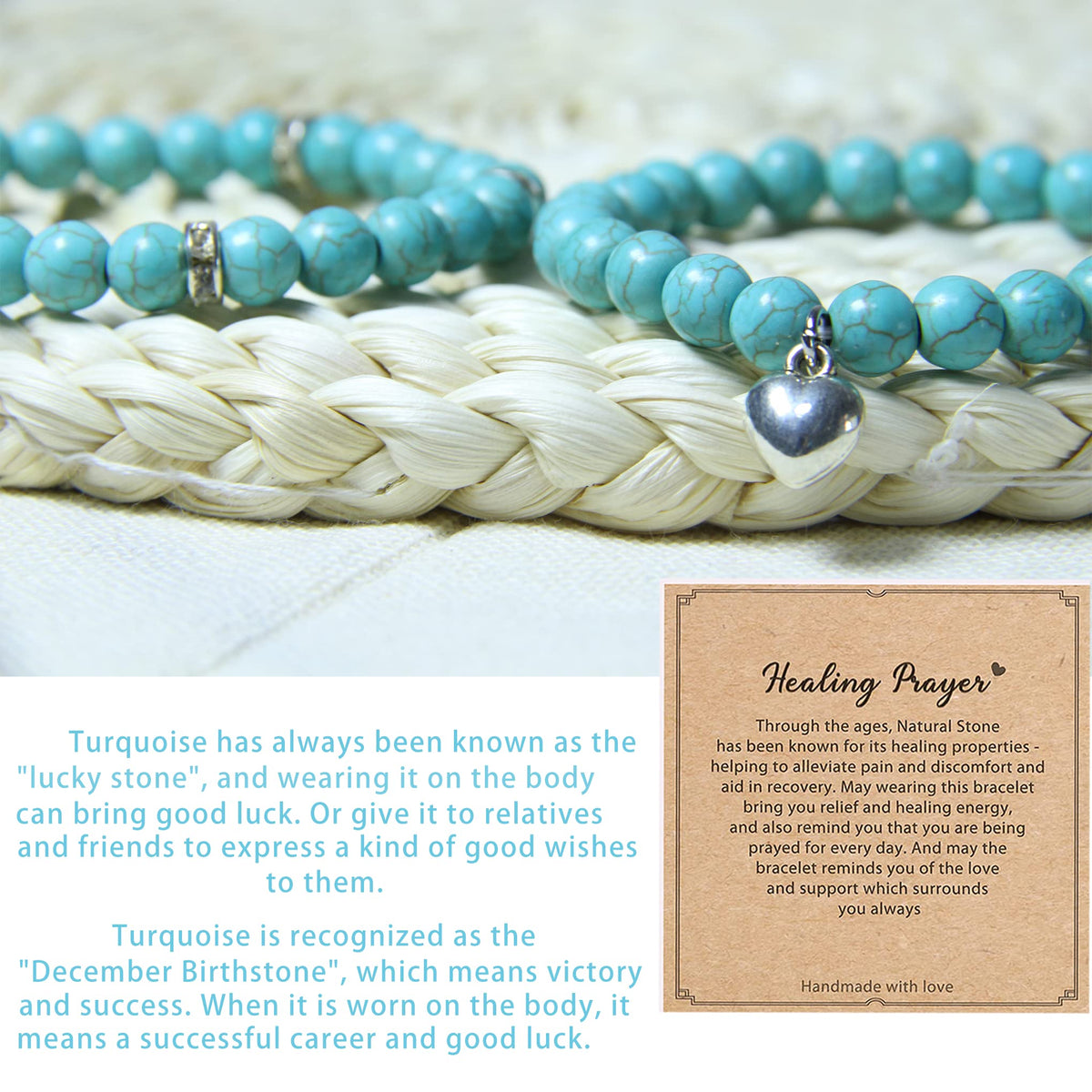 GDLKPYHS Healing Bracelets for Women - Turquoise Bracelet - Healing Prayers Crystal Bracelet, 8mm Natural Stone Stress Relief Yoga Beads Get Well Soon Gifts
