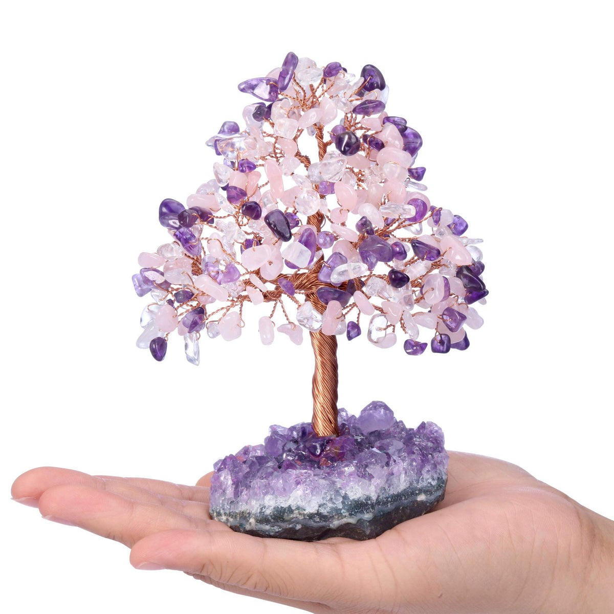 Jovivi Natural Amethyst + Clear Quartz + Rose Quartz Healing Crystal Money Tree on Amethyst Cluster Geode Druzy Base Feng Shui Crystals for Home Office Desk Decorations, Wealth, Good Luck