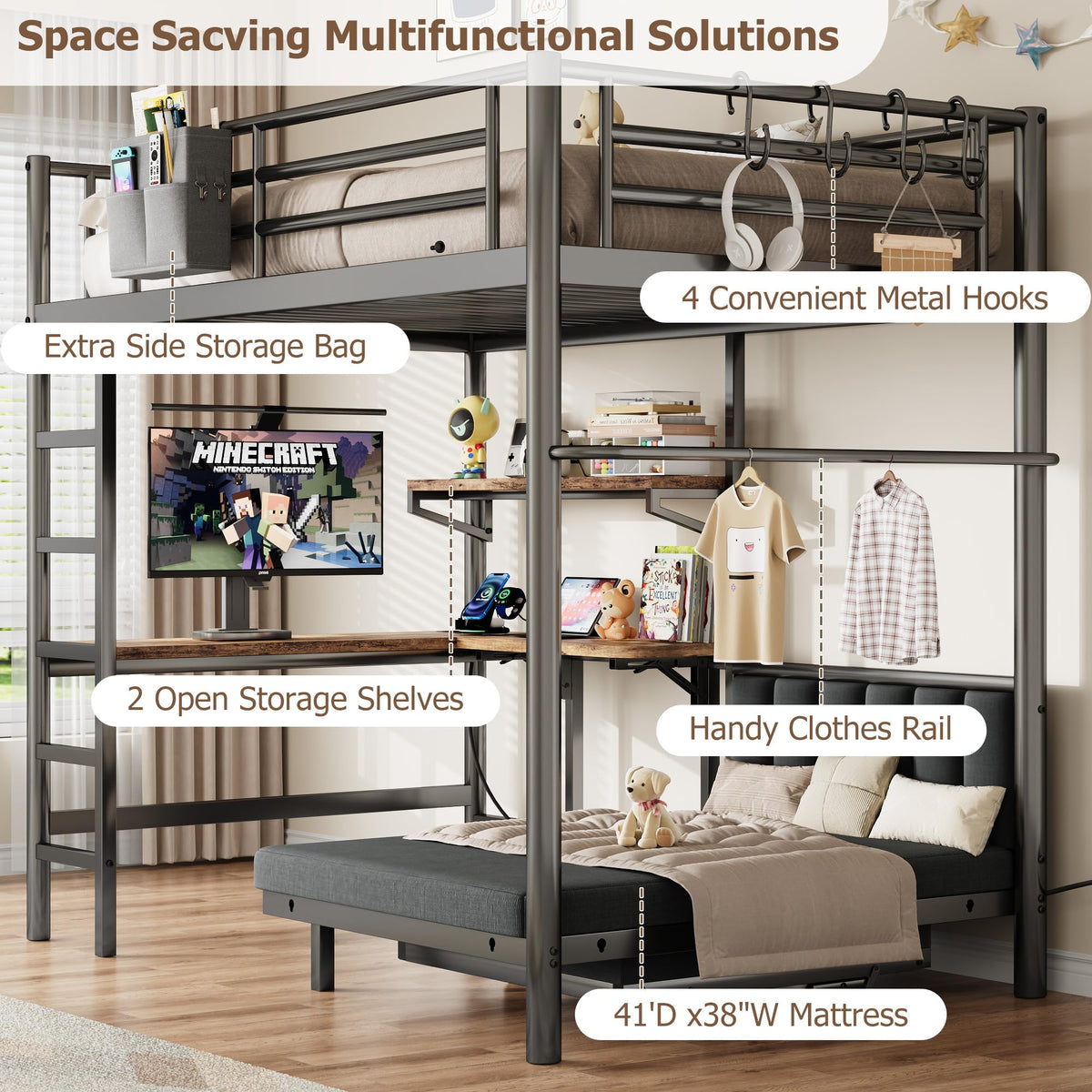 Twin Loft Bed with Matteress, Heavy Duty Metal Bunk Bed Frame with Pull-Out Folding Bed and Desk, Dual-Access Bed, Charging Station, 2-Tier Adjustable Shelves, Safety Guard Rail & Ladder (Dark Black)