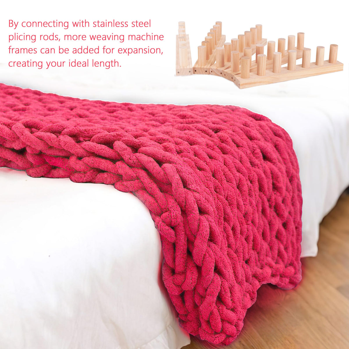 MLLNFUE 55” Chunky Blanket Loom Kit for DIY No-Needle Hand Knitting Adjustable Wooden Loom Frame Beginner Friendly Yarn Craft for Home Decor & Large Throw Blankets
