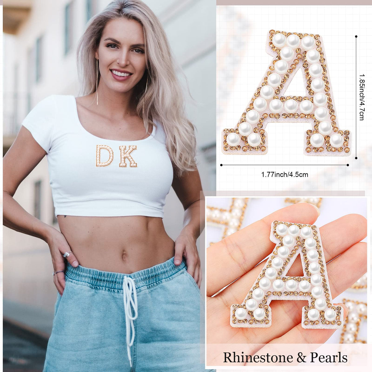 Waydress 26 Piece Rhinestone Iron on Patch A to Z Letter Appliques Adhesive White Pink Colorful Pearl Bling Patch Glitter Alphabet Embellishments for DIY Craft Supplies(Gold)