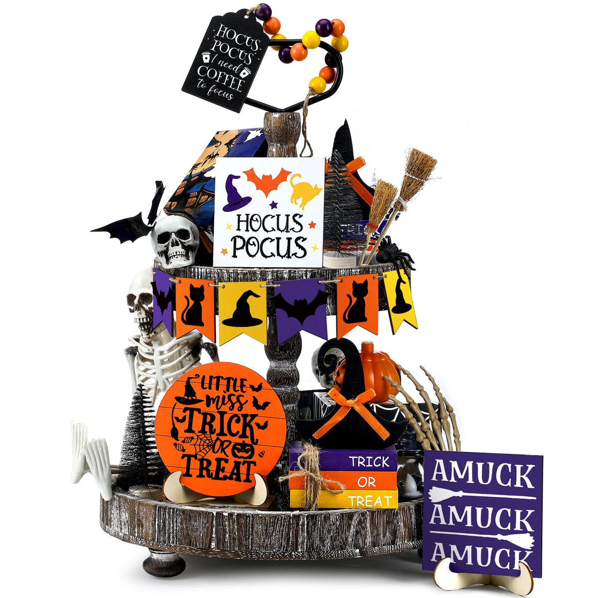 Wonderjune 19 Pcs Halloween Hocus Pocus Tiered Tray Decor Coffee to Focus Witch Table Decor with Wooden Signs Bead Garland Farmhouse Rustic Halloween Decorations for Home Table Party Supplies