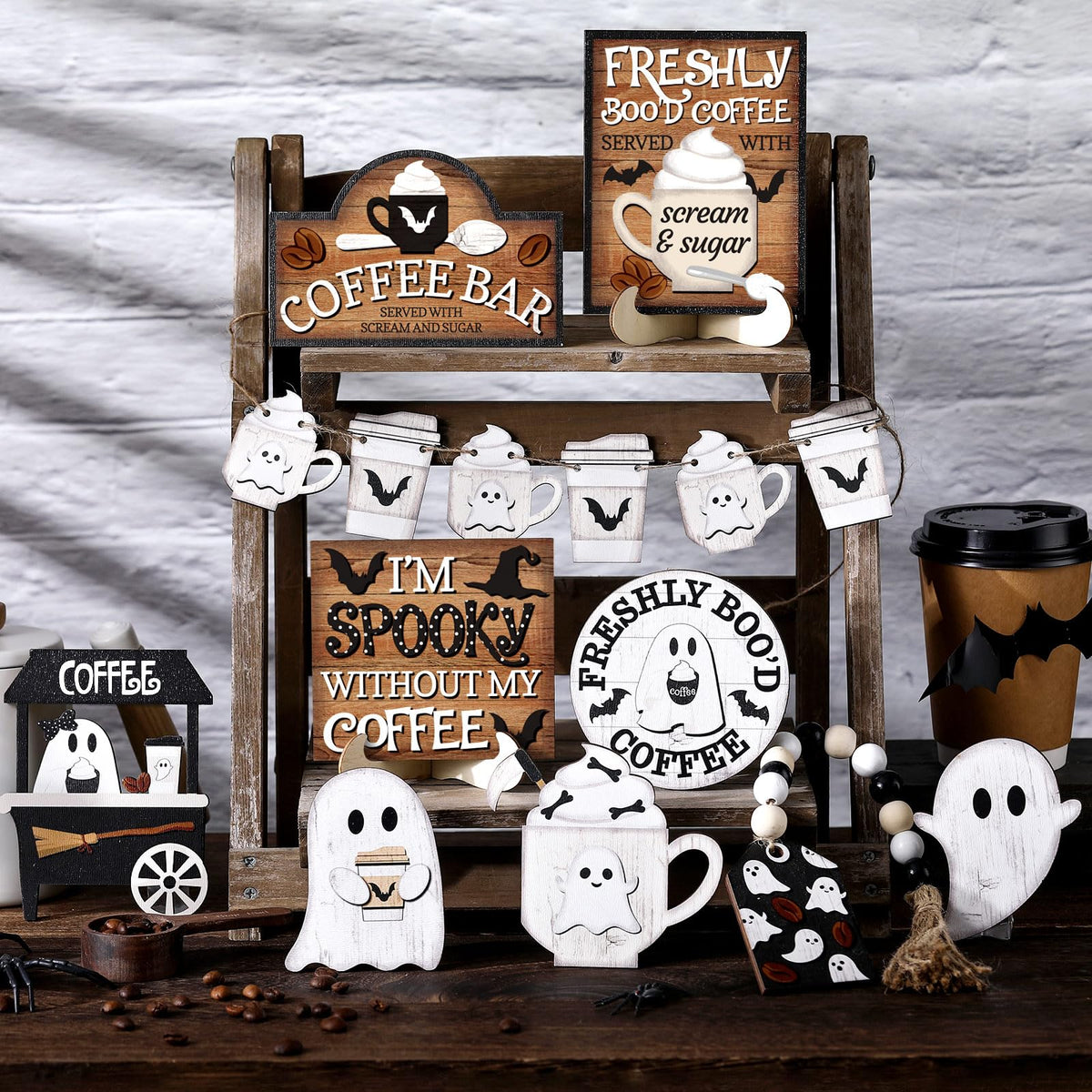 Wonderjune 19 Pcs Halloween Coffee Tiered Tray Decor Rustic Ghost Coffee Bar Table Decor Black and White Spooky Mini Wooden Signs Farmhouse Halloween Decorations for Home Table Office Party Supplies