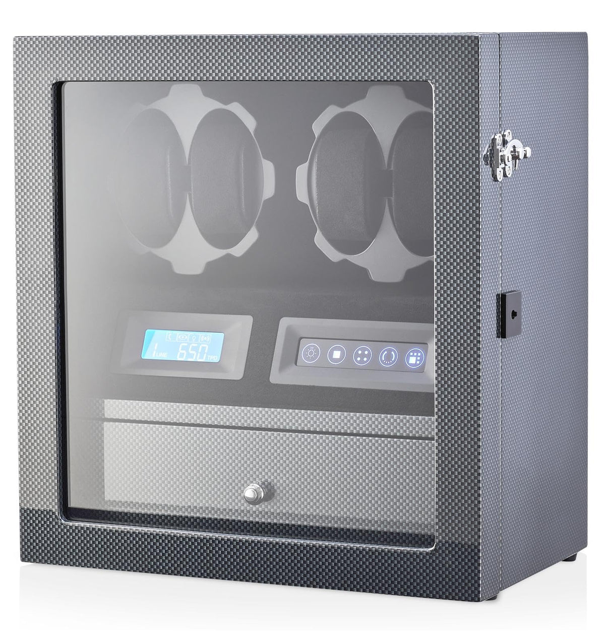 4 Watch Winder with 5 Watch Storage Space, LCD Display, Touch Control and Interior Light (Black + Black)