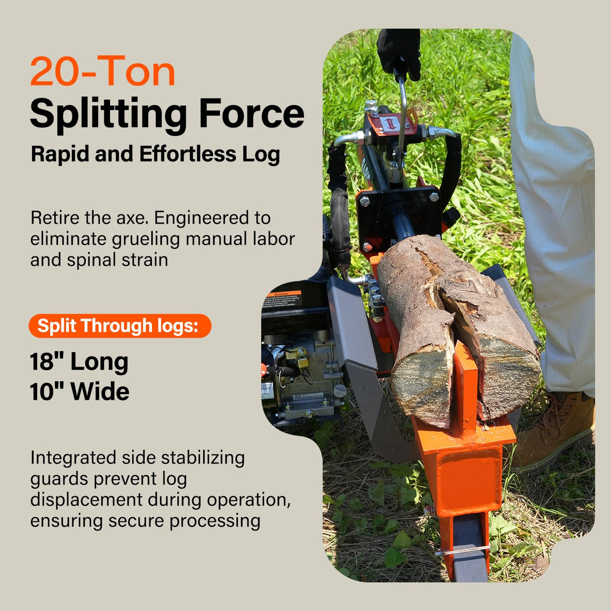 WOODKINGO Log Splitter, 20 Ton, Gas Powered 7 HP 212CC Engine, Automatic Wood Splitting Wedge Machine,Commercial Quality for Fireplace Burning Firewood Supply Forestry Harvesting,Orange