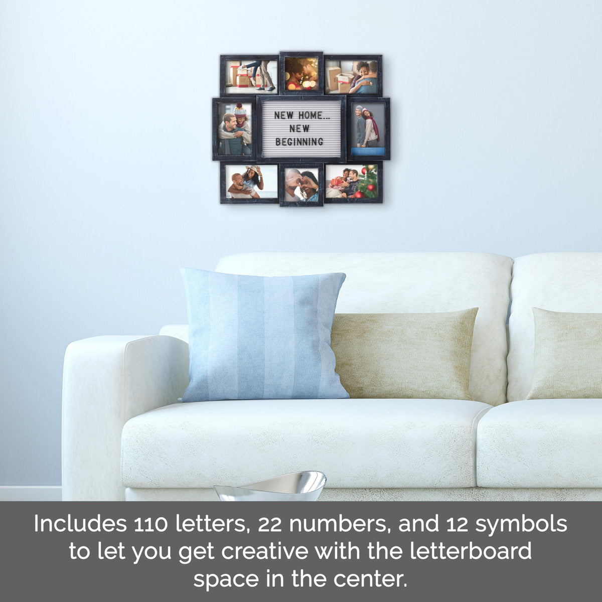 MELANNCO Collage Picture Frame with Letter Board, 8 Opening Photo Display for 4x6 and 4x4 Photos, 19 x 17 Inch Wall Decor with 144 Changeable Letters, Numbers and Symbols, Distressed Black