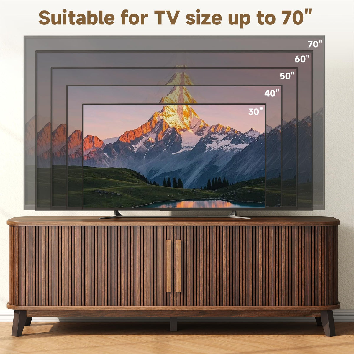 66" Mid Century Modern TV Stand, Wood Curved Entertainment Center for TVs up to 80" with Sliding Doors & Adjustable Shelves, Media Console with Storage & Solid Wood Leg for Living Room, Walnut
