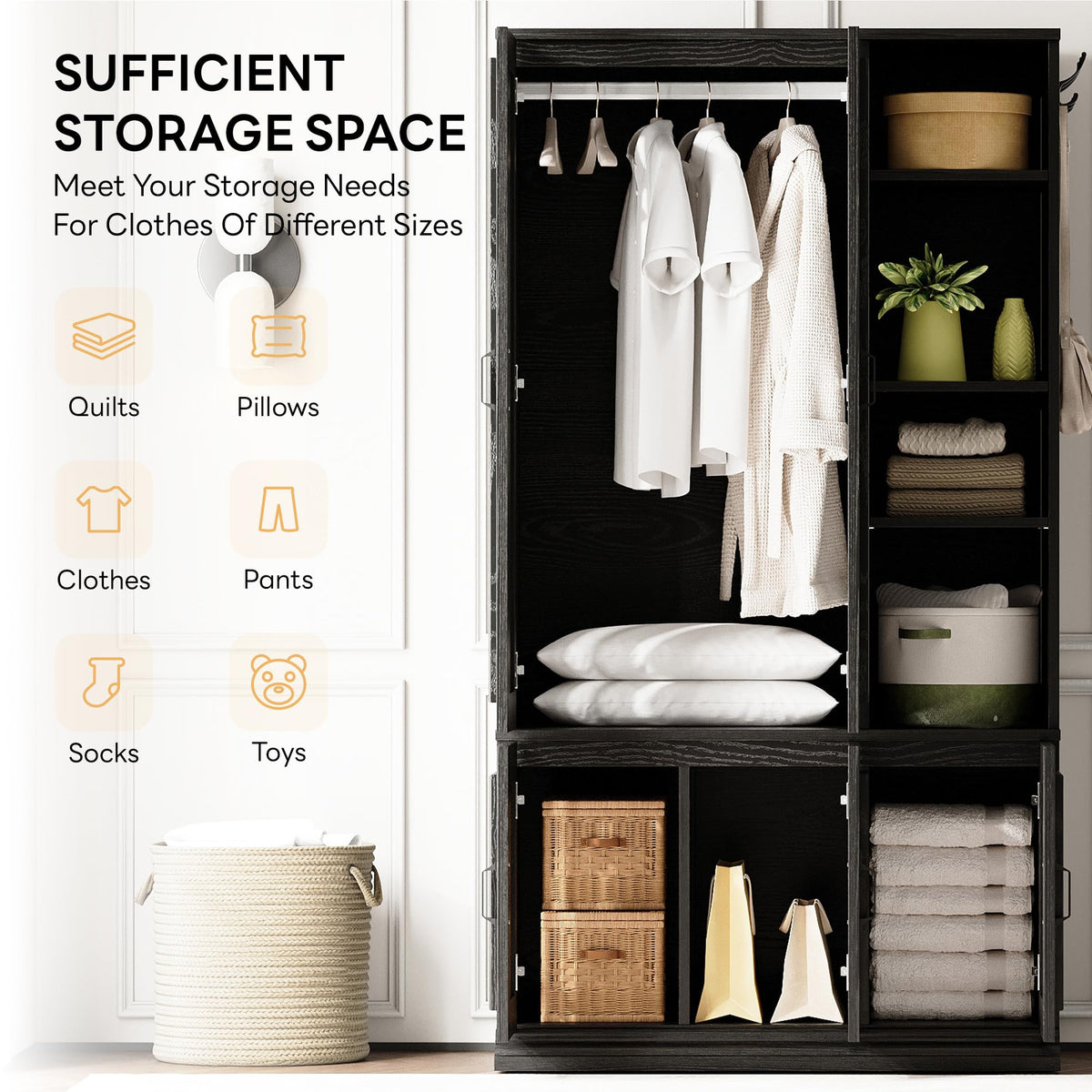 LIKIMIO Armoire Wardrobe Closet 70" H, 5 Doors Bedroom Wooden Wardrobe with 4 Storage Shelves and Hanging Rod, Clothing Storage Cabinet Organizer Combination, Black