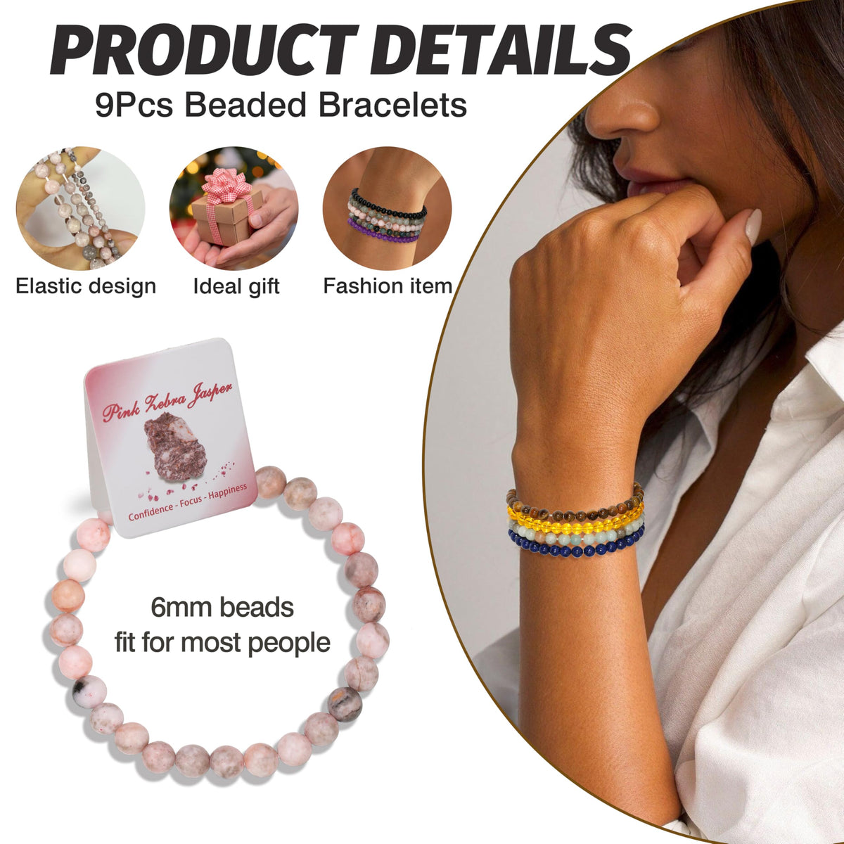BOMAIL 9pcs Healing Stone Bead Bracelet for Women 6mm Natural Stone Beaded Bracelets Set Gemstones Spiritual Crystal Beads Stretch Bracelets with Meaning Card A Style