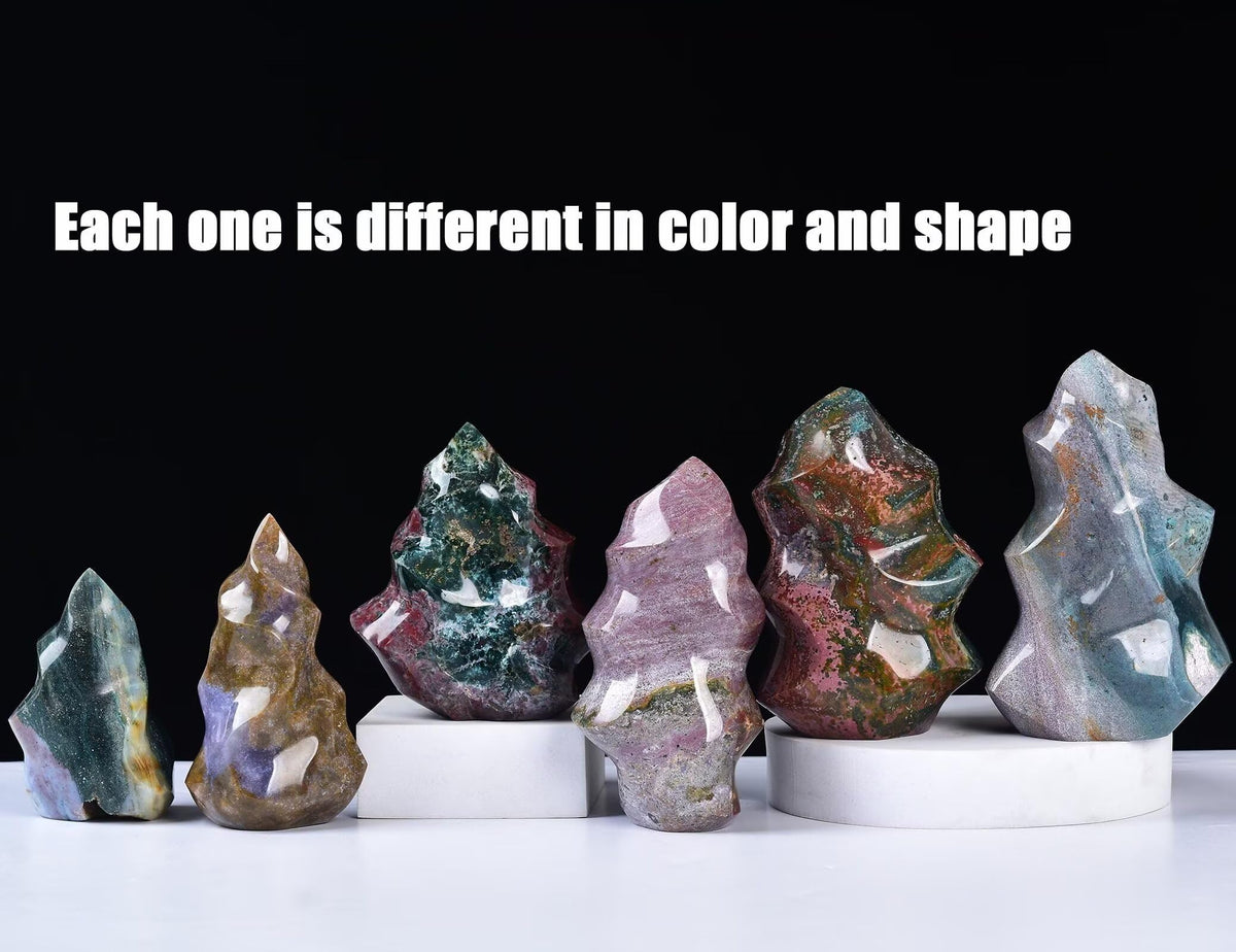 AMOYSTONE Ocean Jasper Flame Shaped Stone Towers Obelisk Natural Healing Crystal Quartz Reiki Energy Decoration Home Office Decor 1.5-2.2LBS