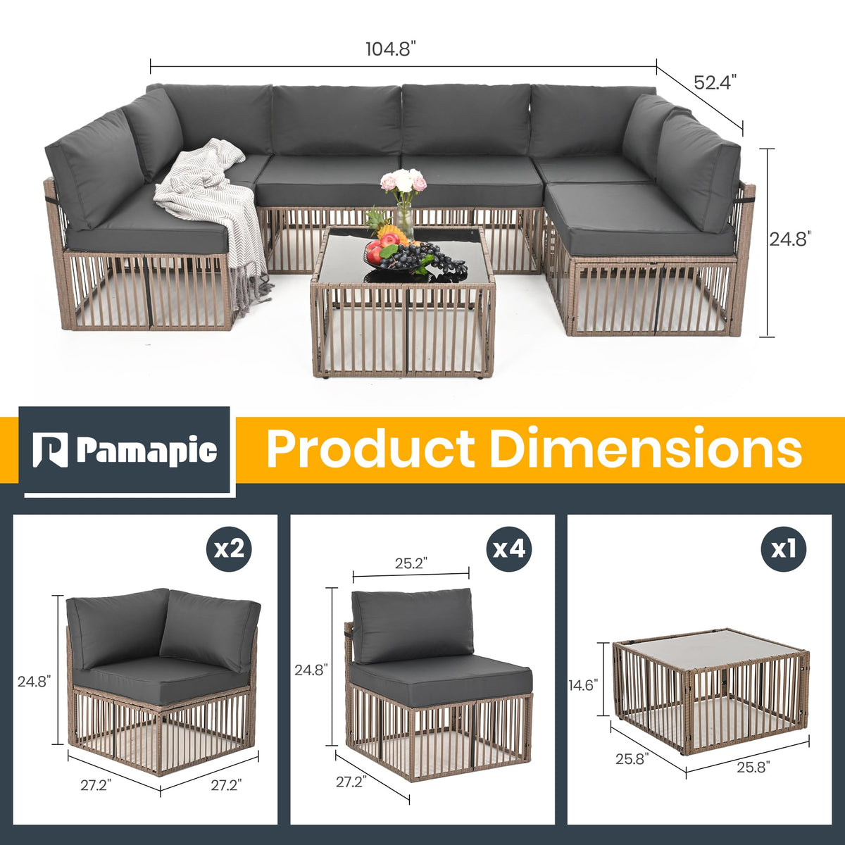 Pamapic 7 Piece Outdoor Sectional Sofa Set, All-Weather Patio Furniture with Washable Cushions, Waterproof Brown Rattan Wicker Conversation Set for Backyard, Poolside, Gray Cushion