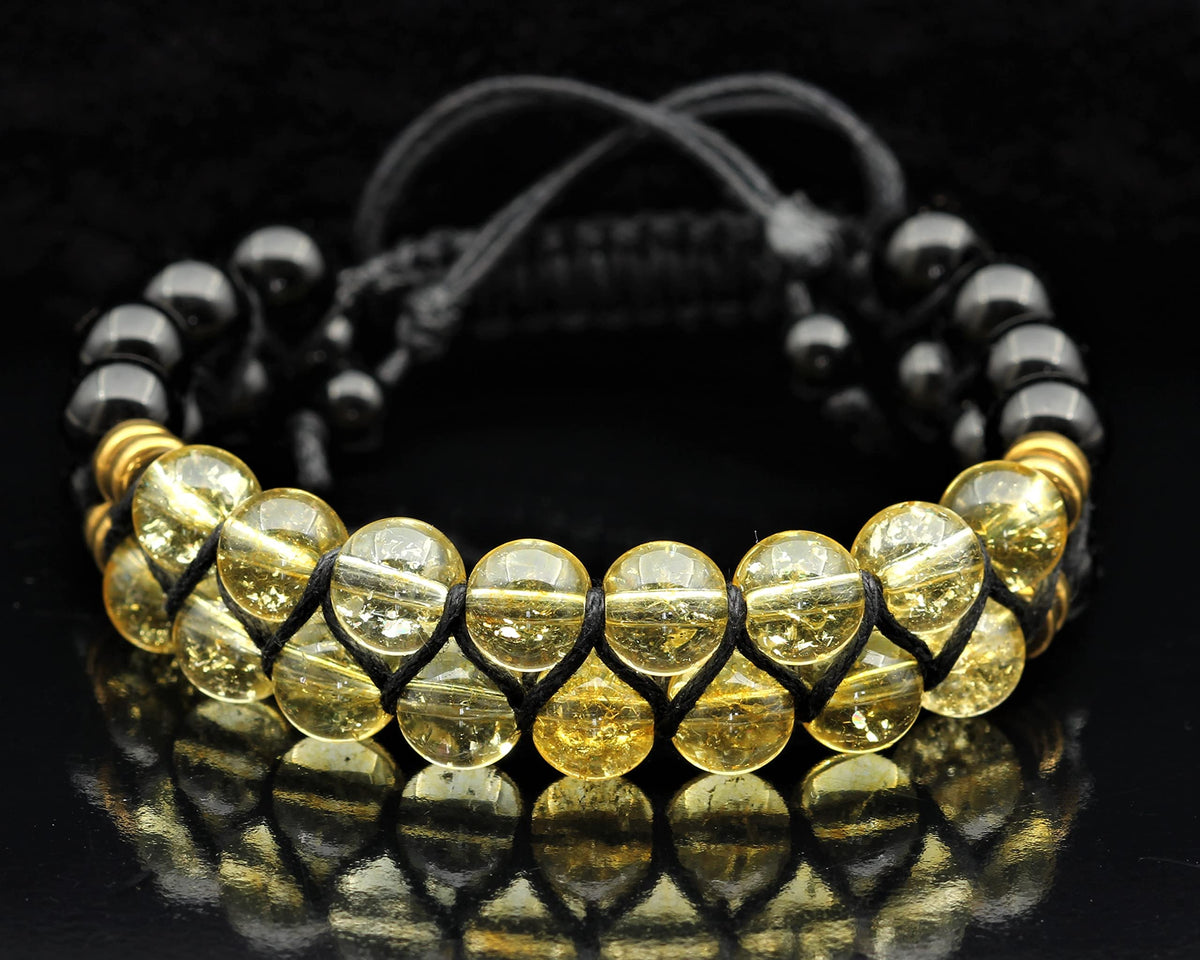 Natural Citrine Double Row Bracelet for Men & Women | Handmade 8mm Citrine Black Onyx Macrame Bead Bracelet | Adjustable Waxed Cord | Sagittarius Zodiac Chakra Jewelry Gift