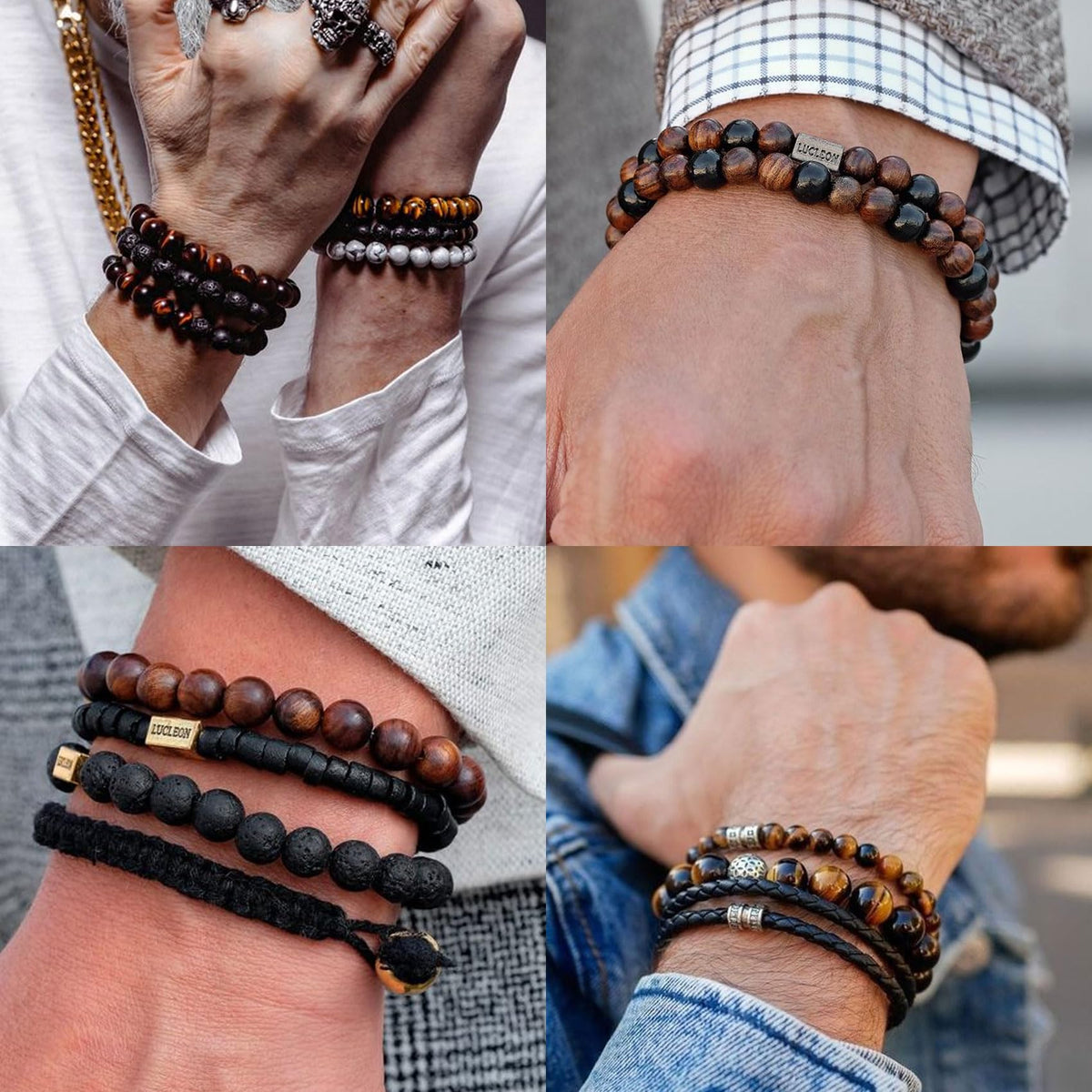 RANKEEF Mens Bracelets 8MM Natural Stone Beads Bracelet Set Stretch Adjustable Beaded Bracelets for Men