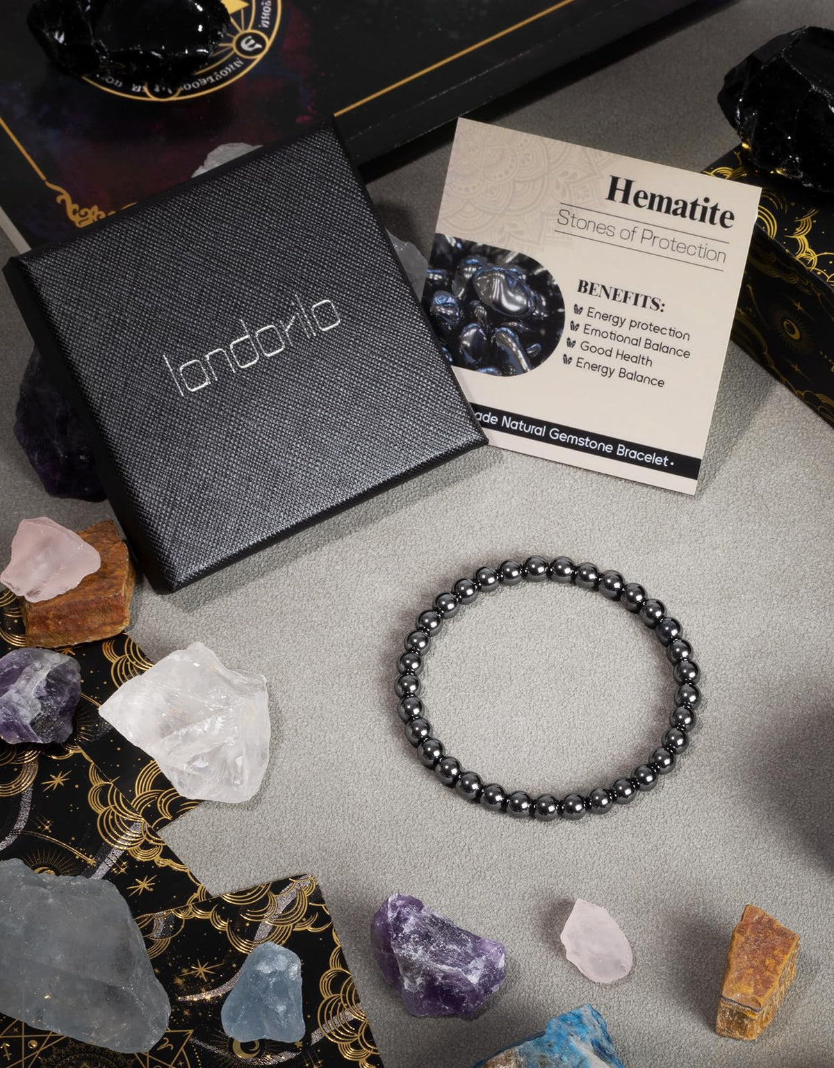 Landorilo Beaded Bracelet for Men Women, 6mm Natural Stone Hematite Healing Crystal Stretch Bracelets, Ideal Christmas Birthday Jewelry Gifts with Energy Card，Replacement Beads Included