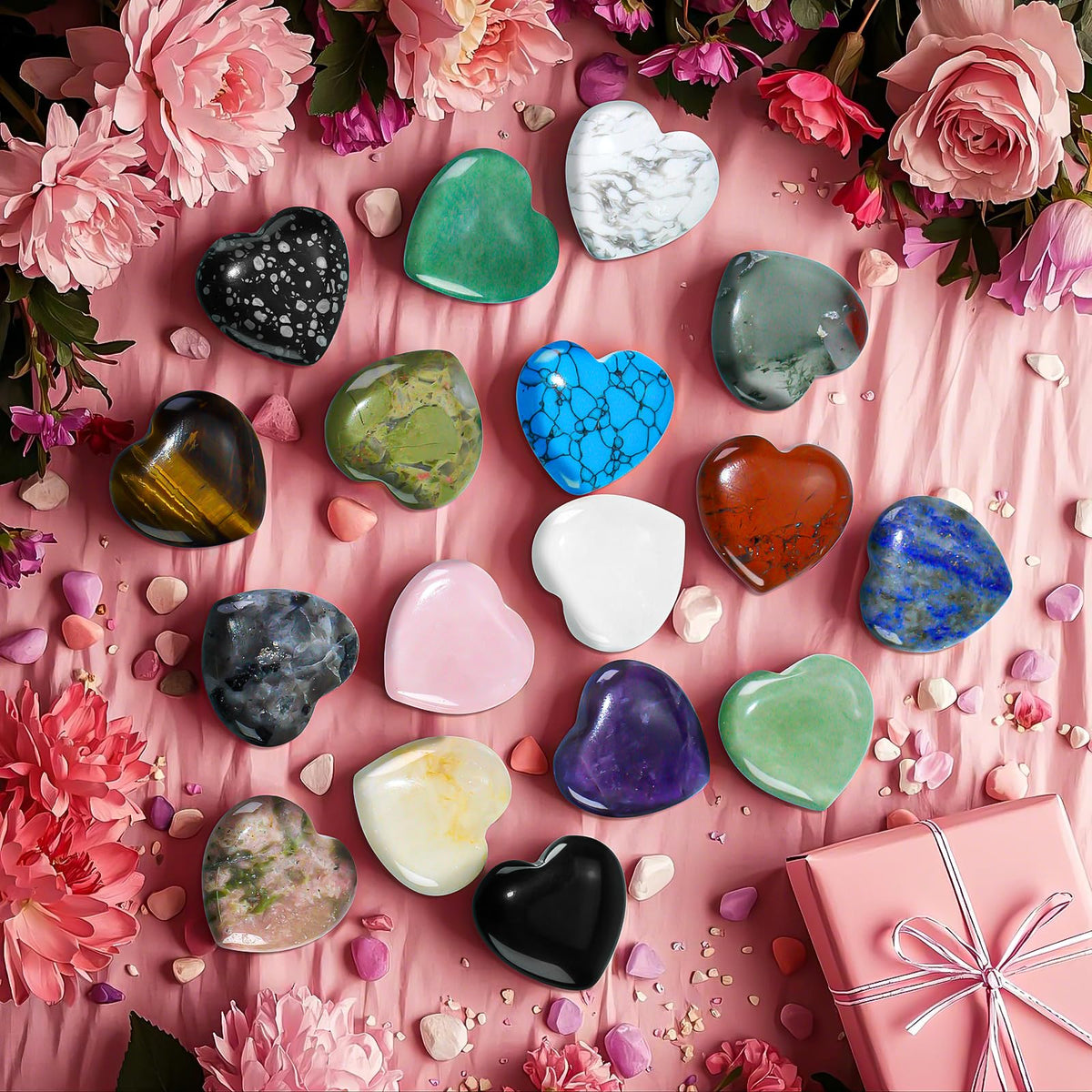 50 Sets Pocket Hug Bulk with Heart Shape Natural Stones & Healing Crystals, Mini Polished Gemstones for Meditation, Yoga, Chakra Balancing, Gift for Friends, Family, Colleagues