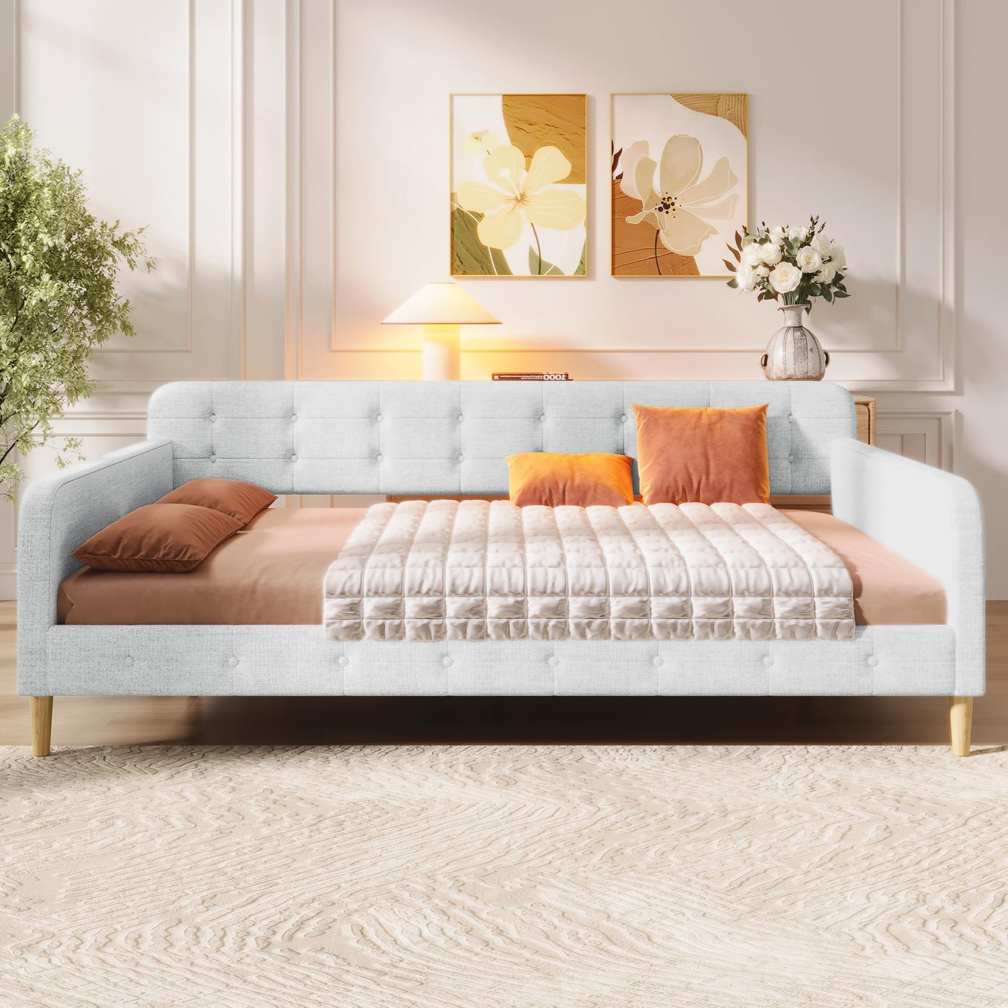 GDFStudio Queen Size Upholstered Daybed with Linen, Solid Pine Wood + MDF Frame, Foam-Filled Backrest, 4 Support Legs, No Box Spring Needed, Sturdy Queen Sofa Bed for Living Room or Guest Room, Beige