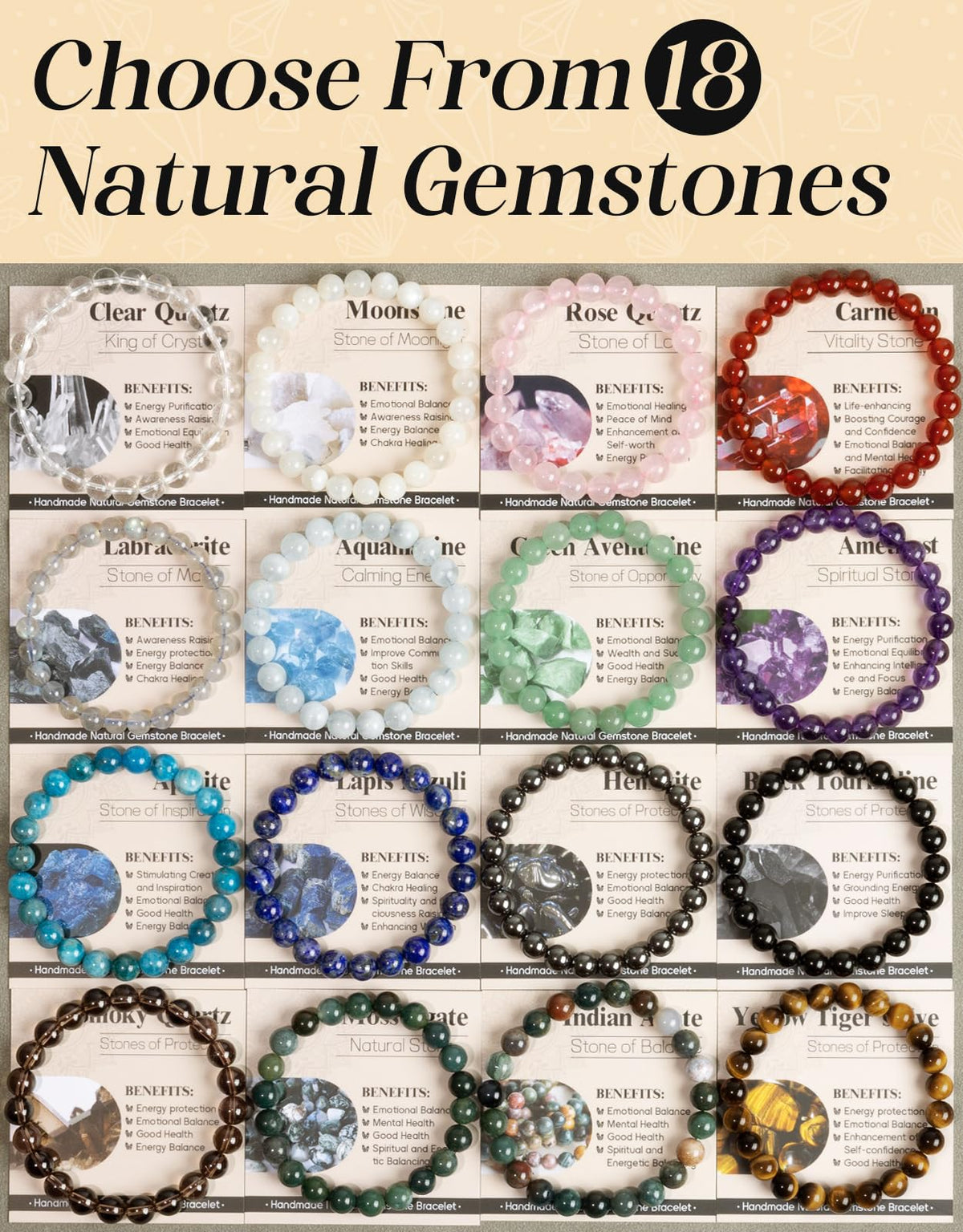Landorilo Beaded Bracelet for Men Women, 8mm Natural Stone Smoky Quartz Healing Crystal Stretch Bracelets, Ideal Christmas Birthday Jewelry Gifts with Energy Card，Replacement Beads Included