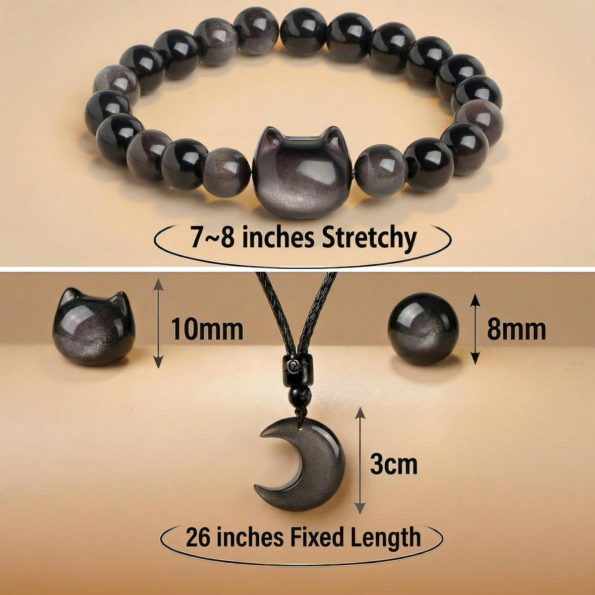 Black Obsidian Cat Bracelet and Moon Pendant Necklace Jewelry Set-Cat Lover Gifts,Wealth Attraction,Good Luck,Bead Bracelet,Mindfulness,Beaded Bracelets, Obsidian Pendant Necklace-Cute Gifts for Women