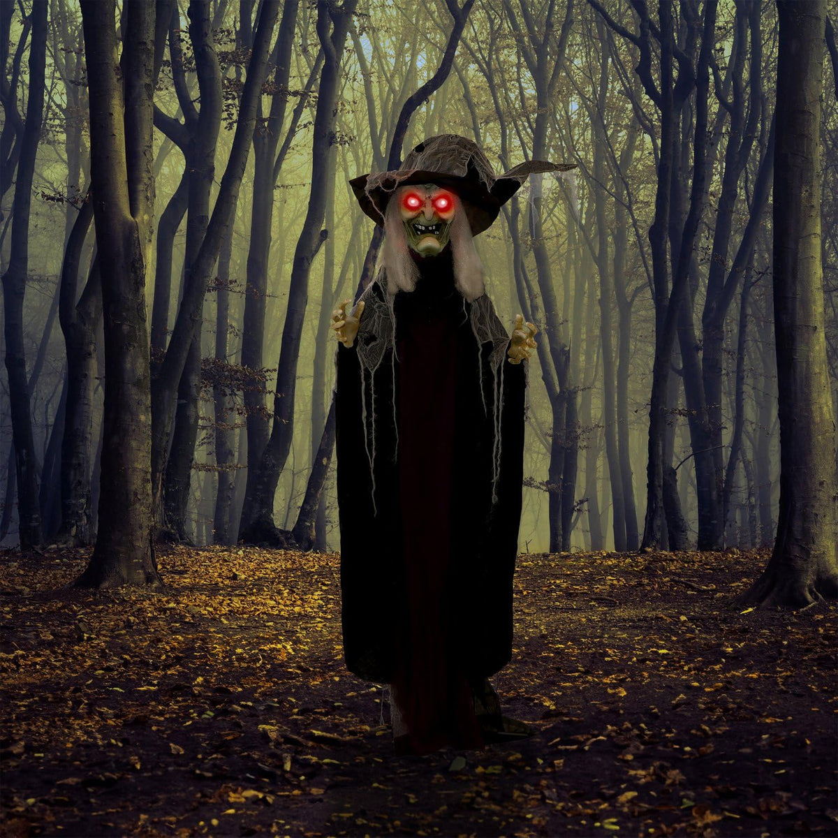 Haunted Hill Farm Life-Size Poseable Scary Talking Witch, Halloween Animatronic with Touch Activated Lights and Sound, Battery Operated Indoor or Covered Outdoor Halloween Decorations, Fright Props