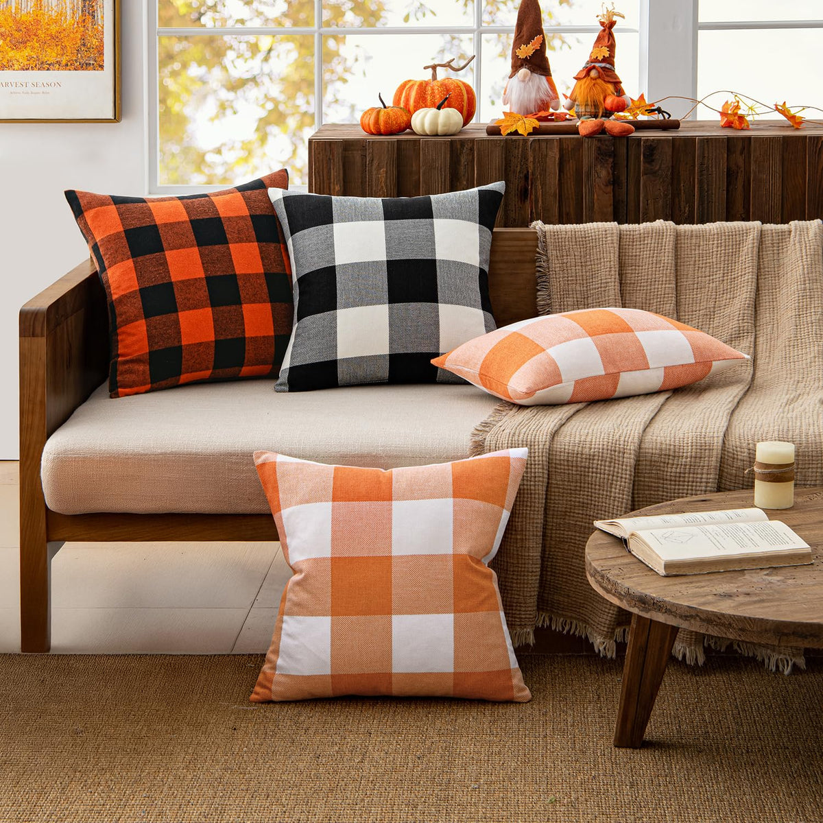 MIULEE Fall Throw Pillow Covers Halloween Decorations Pack of 2 Buffalo Check Farmhouse Plaids Polyester Linen Outdoor Cushion Case for Sofa Couch Orange and Black 18 x 18 Inch 45 x 45 Cm
