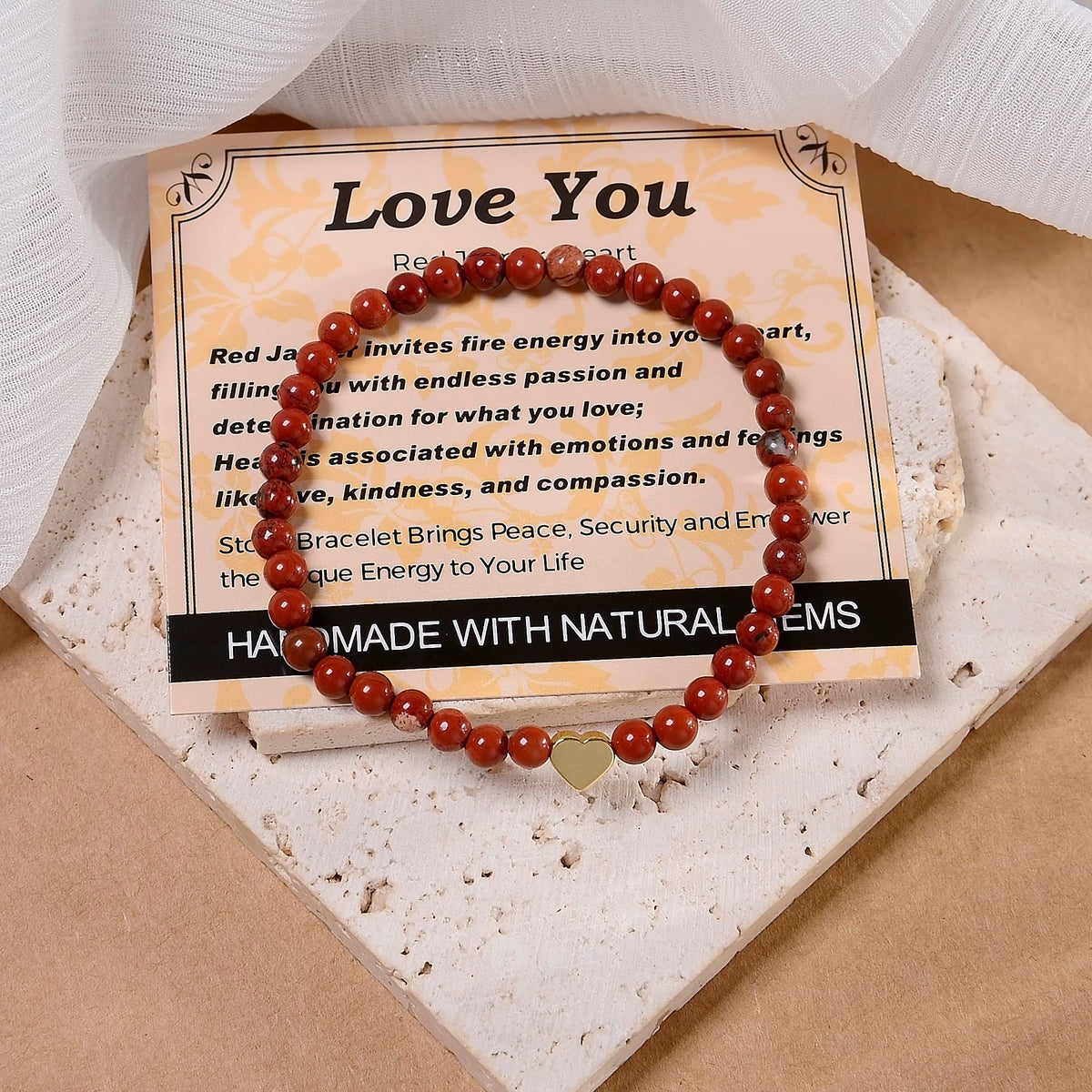 MASSIVE BEADS Red Jasper and Heart - Love You Handmade Handmade Yoga Stretch Elastic Bracelet Natural Stone Crystal Healing Power Energy Gifts for Unisex Adult 4mm