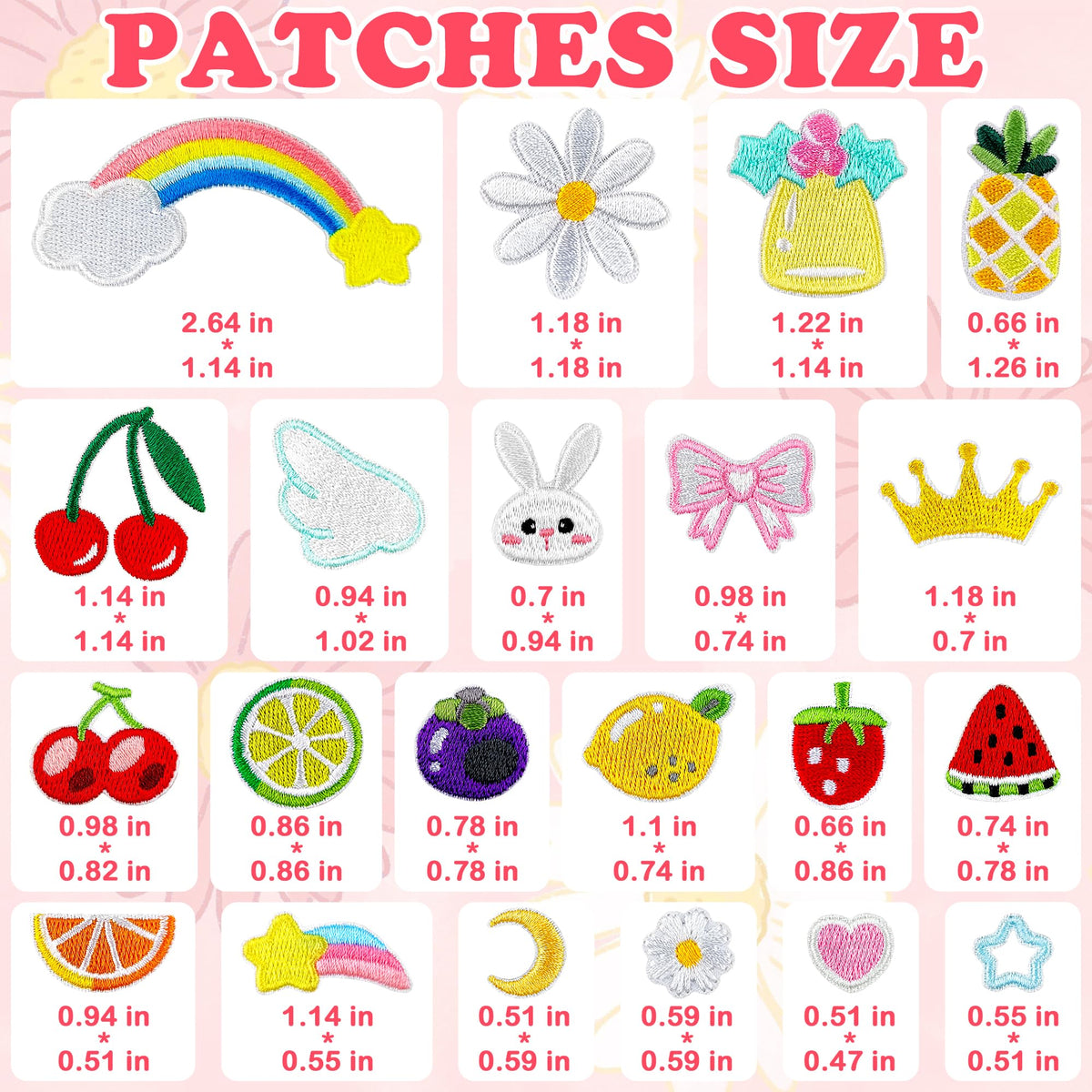 Mini Iron On Patches for Clothes 65Pcs Cute Self Adhesive Embroidered Patches Set with Daisy, Fruits-Kids DIY Trucker Hat Patches for Jackets, Bags, Leis