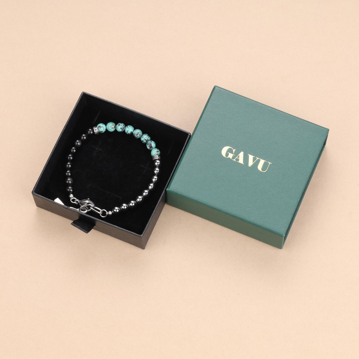 GAVU 6mm Triple Protection Bracelet, Men's Crystal Bracelet, Hematite Obsidian African Turquoise Bracelet for Men