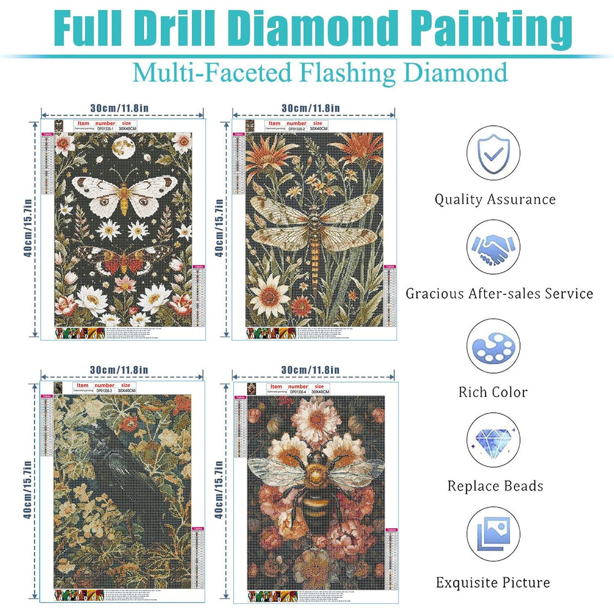 Diamond Painting Kits for Adults - 4 Pack Dragonflies, Butterfly, Bees, Bird DIY 5D Diamond Art Kits Full Drill Diamond Dots Paintings with Diamonds Gem Art and Crafts Home Decor 12x16inch