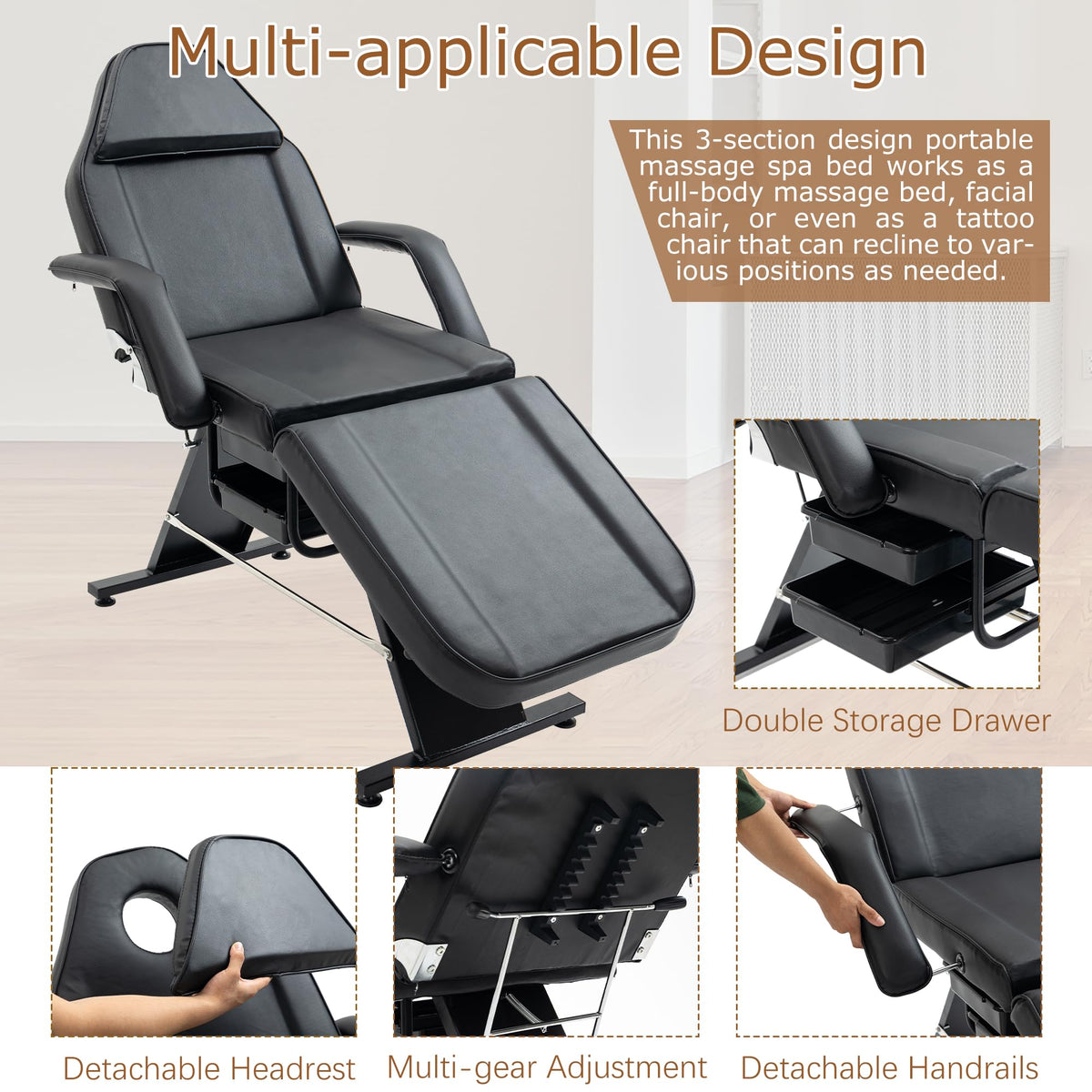 WZONICE98 3-Section Adjustable Facial Bed and Tattoo Chair, Hydraulic Stool with 2 Trays, 330lbs Capacity Massage Salon Spa Chair, Multi-Purpose Esthetician Lash Bed for Waxing Beauty Barber Black