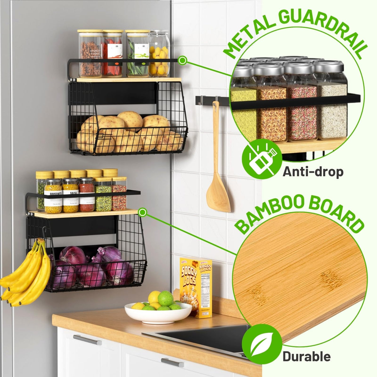 Ofiray-home Magnetic Shelf for Fridge with Wood Lid, Fruit Potato and Onion Storage Bins, Pantry Organizers & Storage, Large Container Magnetic Spice Rack for Refrigerator, Kitchen Counter, Cabinet