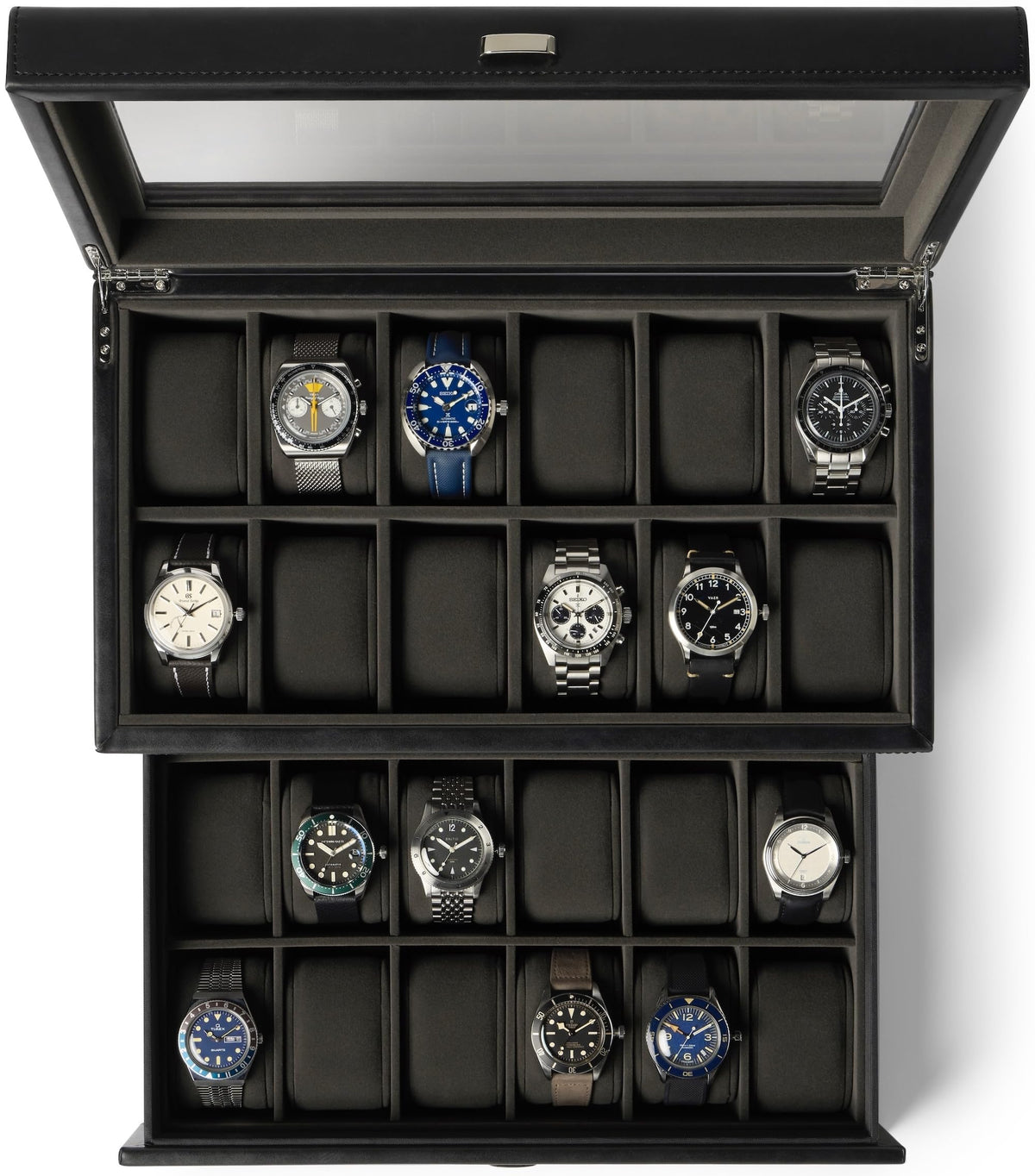 TAWBURY Watch Box for Men - Extra Large 24 Slot Watch Case with Real Glass Display, Removable Drawer and 2-inch Wide Pillows for Large Watches (Black/Charcoal)