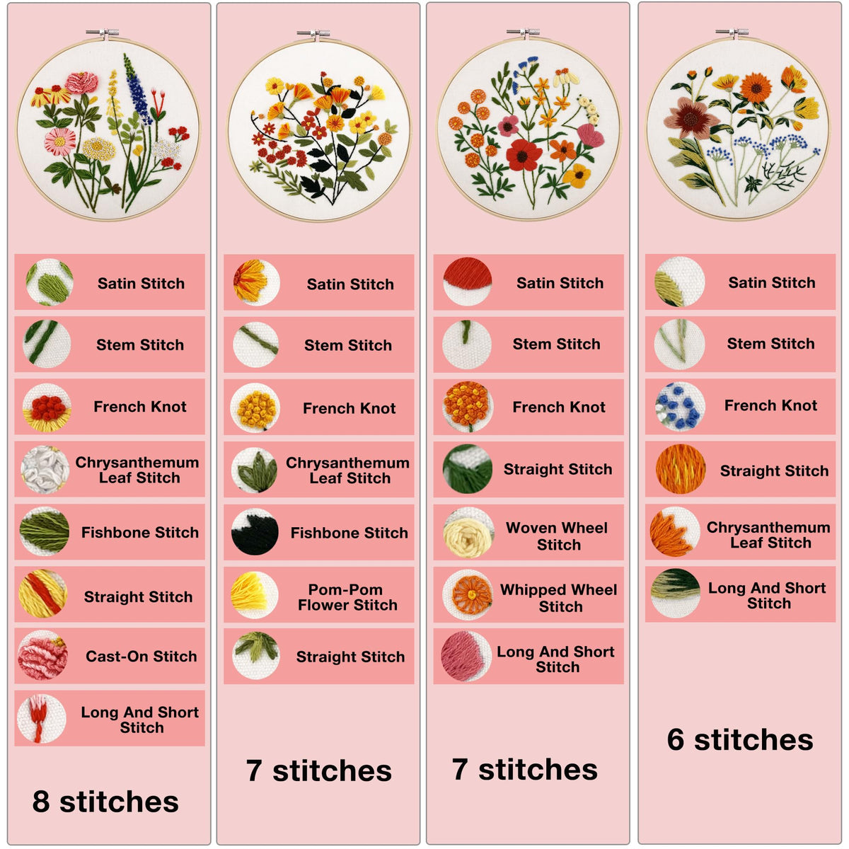 VIVIDOX 4 Sets Embroidery Kit for Beginners with Stitch Video, Flower Cross Stitch Kits for Adults, Starter, Hand Craft Lover Practice with Floral Stamped Pattern, 2 Hoops, 16 Needles, Scissors, Tools