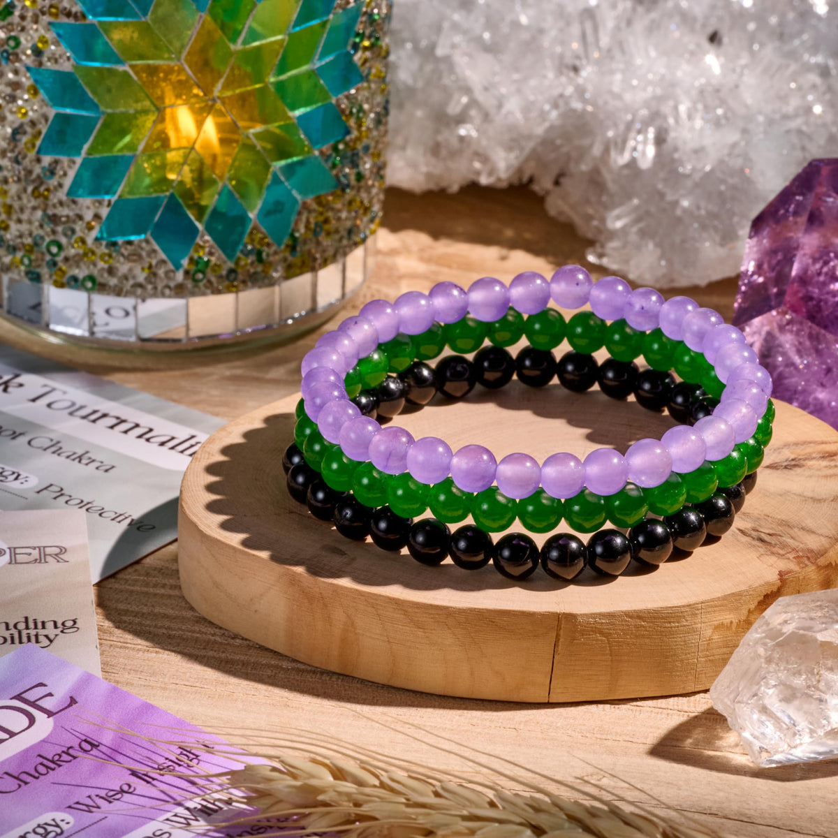 Bivei 3-Piece 8mm Beaded Bracelets for Women – Green Jade, Black Tourmaline, Purple Jade – Natural Crystal Handmade Stretch Jewelry for Meditation, Yoga & Protection Gifts