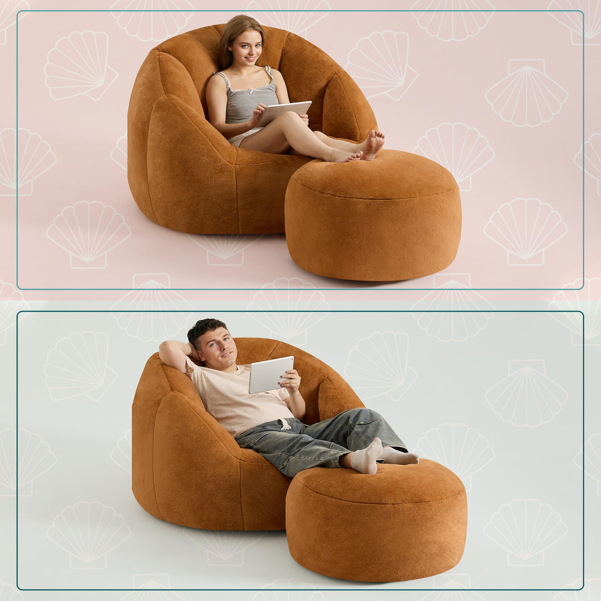 GRANDJOY Oversized Bean Bag Chair with Ottoman, Premium Foam Filling, Relaxing Lounger for Adults & Kids, Orange