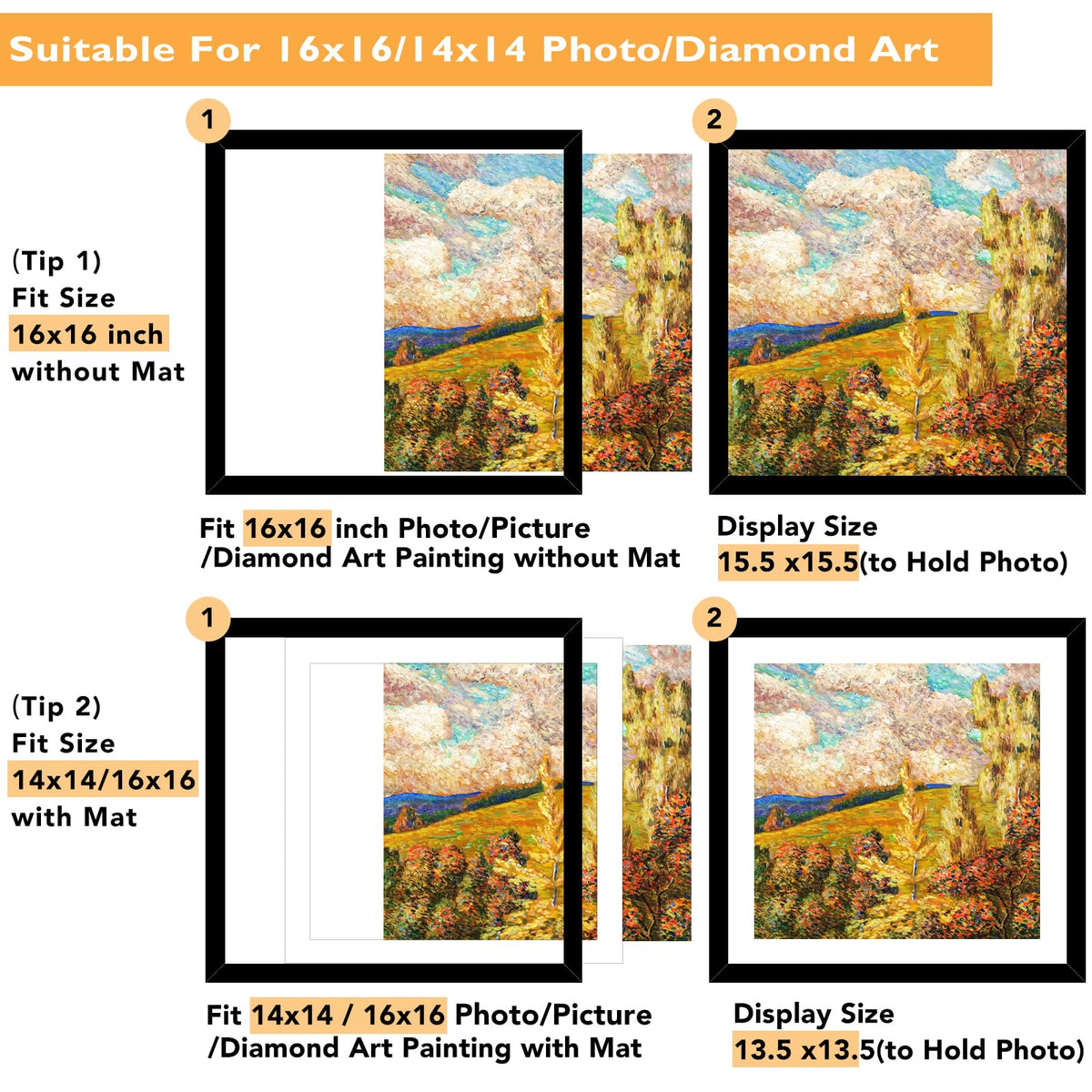 QOTIB Wood 16x16 Frame Set of 2 with 14x14 Mat, for 40 x 40cm Diamond Art Painting, Display Picture 14 x 14 with Mat or 16 x 16 without Mat, Large 40x40 Picture Frame for Wall Hanging, Black, 2 Pack