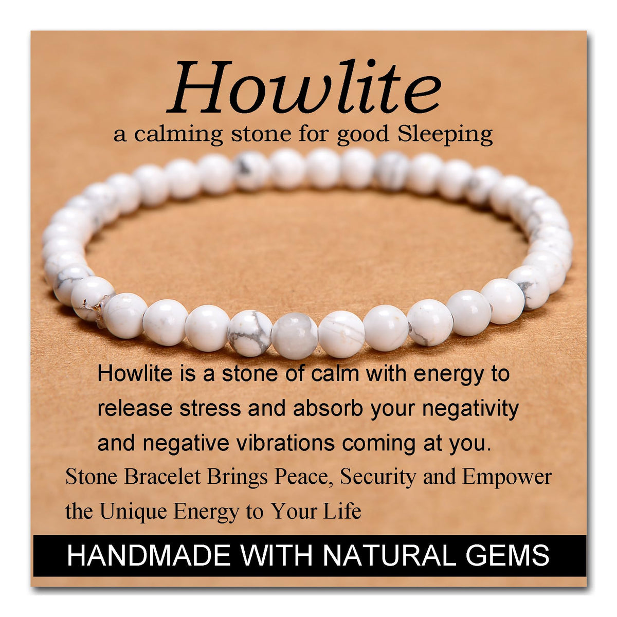 MASSIVE BEADS Howlite - Stone of Good Sleep - Handmade Yoga Stretch Elastic Bracelet Natural Stone Crystal Healing Power Energy Gifts for Unisex Adult 4mm