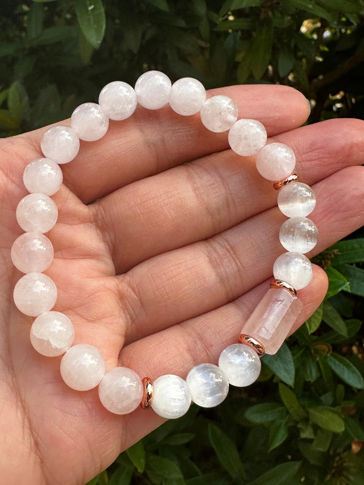GAF TREASURES Rose Quartz and Selenite Crystal Bead Bracelet 8mm, Genuine Rose Quartz Cylinder with Copper Discs Stretch Gemstone Bracelet, Healing Crystal Bracelet, Gift for Men & Women (1)
