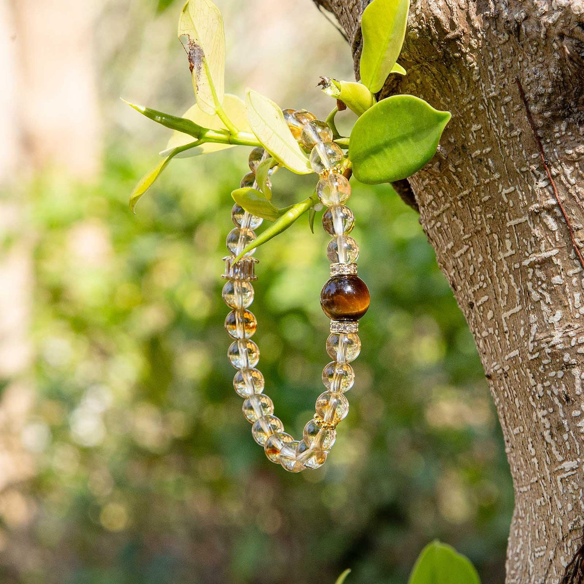 Magiriam Citrine Crystal & Tiger’s Eye Stretch Bracelet with Zircon Inlay | 17CM Comfortable Elastic Fit | Healing Gemstone Bracelet Single Circle-Gift for Women Lady and Friends