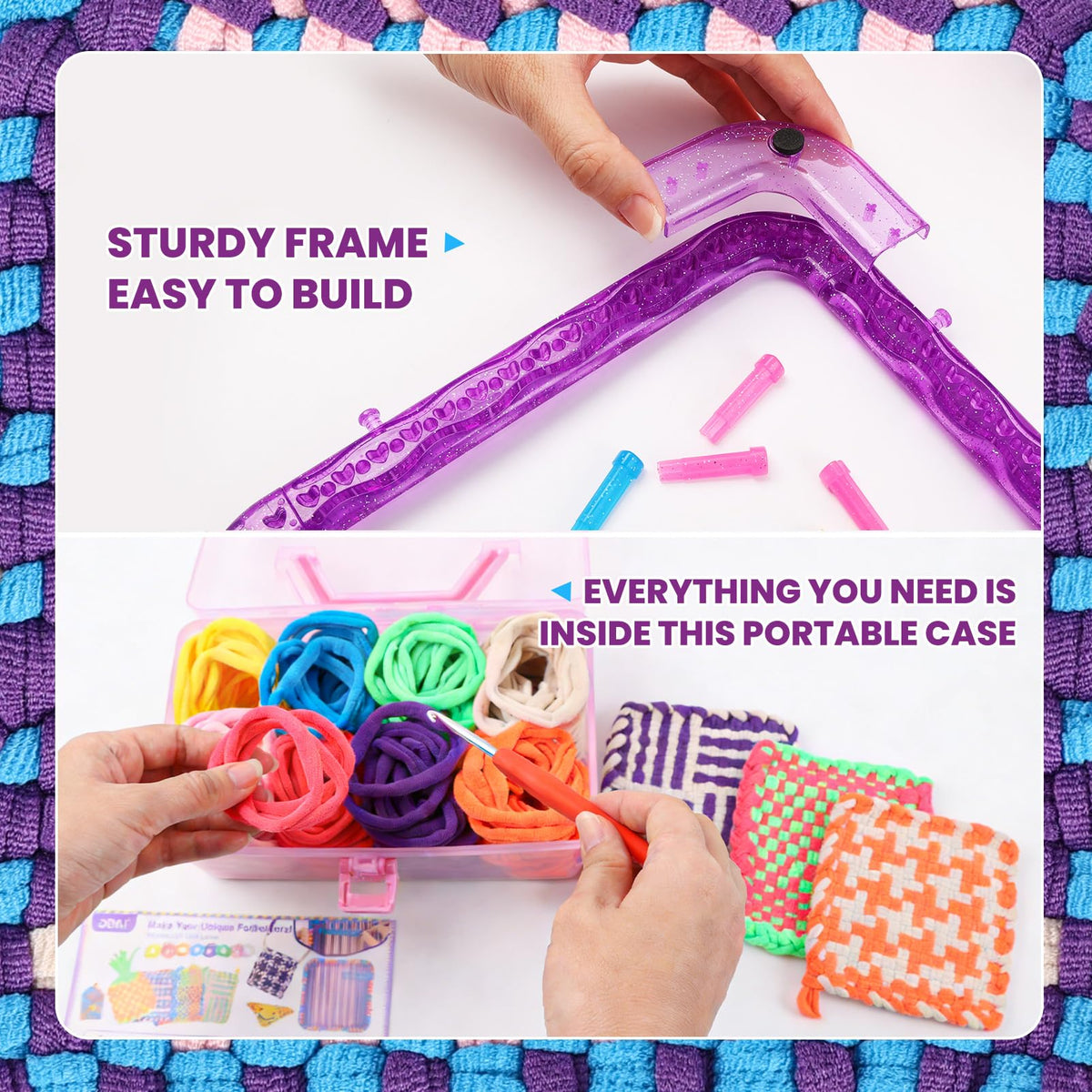 Weaving Loom Kit Toys Crafts - Arts and Crafts for Kids and Adults - Great Birthday Gifts for Girls Ages 6 7 8-12 13 Years Old - Sturdy Frame Potholder Loom Making Kits Portable Box and Craft Loops