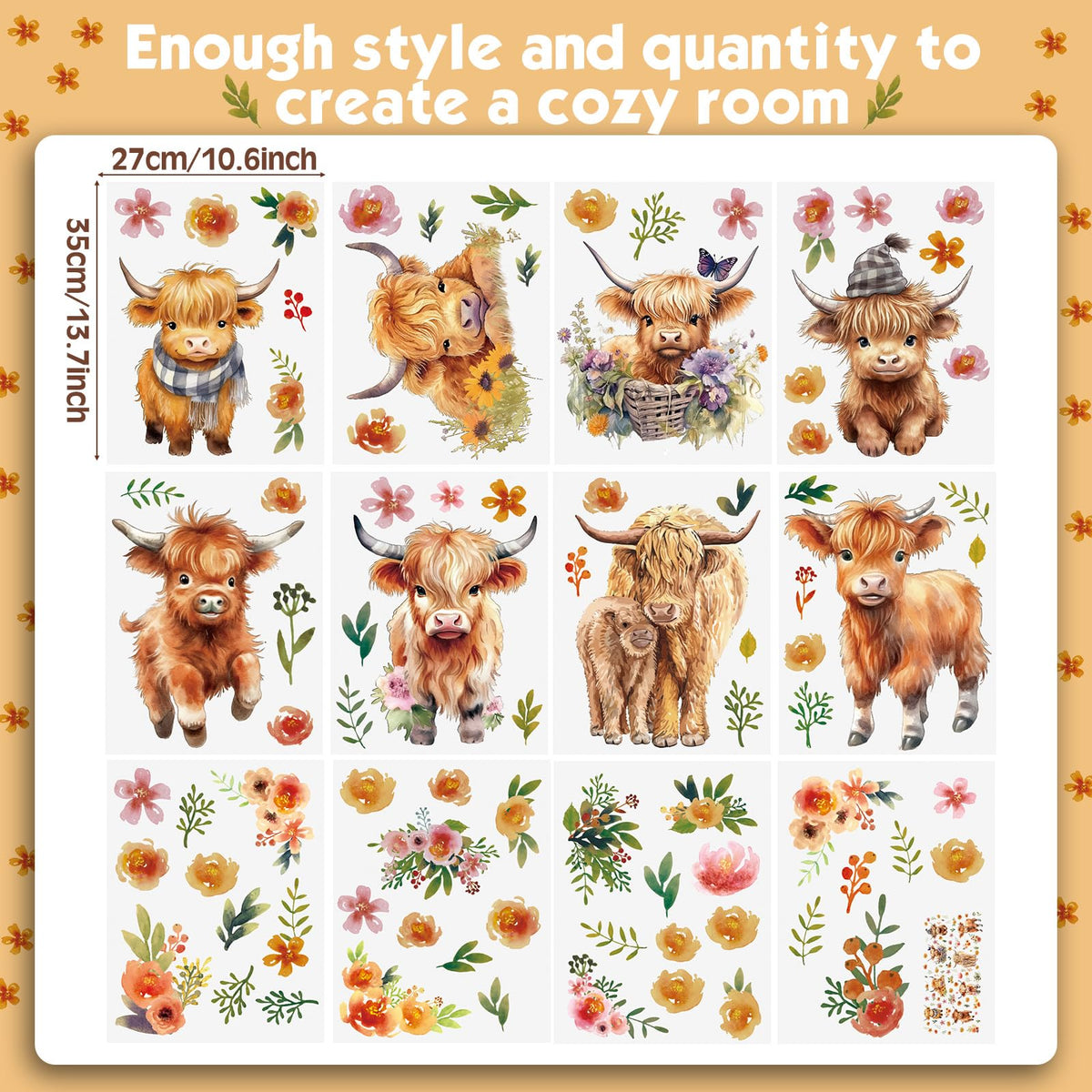 Yinder 12 Sheet 78 Pcs Highland Cow Wall Decals Baby Wall Stickers Cute Highland Cow Sticker for Kids Baby Room Bedroom Bathroom Classroom Living Room Nursery Decor