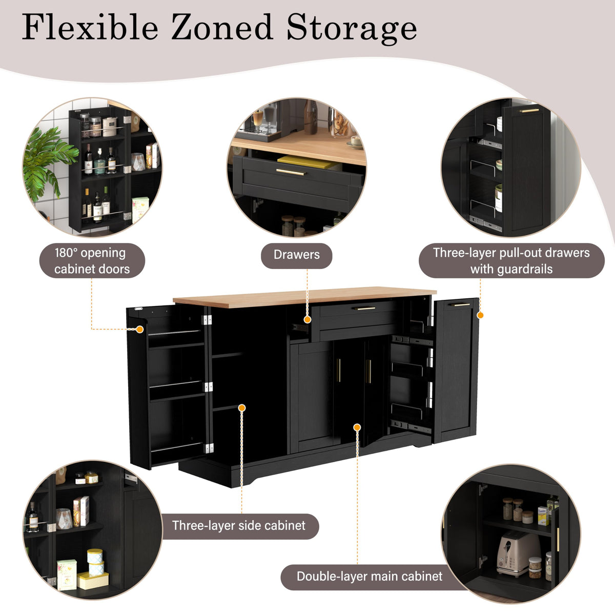 GDFStudio Buffet Cabinet with 3-Tier Pull-Out Rack, Adjustable Shelves, Multi-Functional Storage Cabinet Sideboard Coffee Bar Cabinet, Kitchen Island Storage for Dining Room Living Room, Black