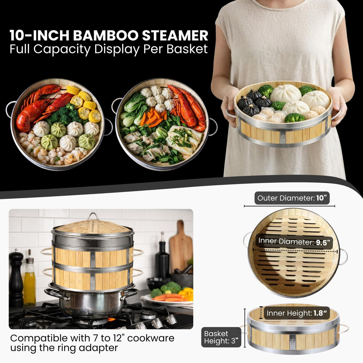Bamboo Steamer 10" - Heavy-Duty Dumpling Steamer Basket, 2 Tier Bamboo Steamers for Cooking & Steaming Dim Sum, Bao Bun, Gyoza, Shumai & Vegetables - 10 Inch Steam Baskets with Handles & Accessories Set