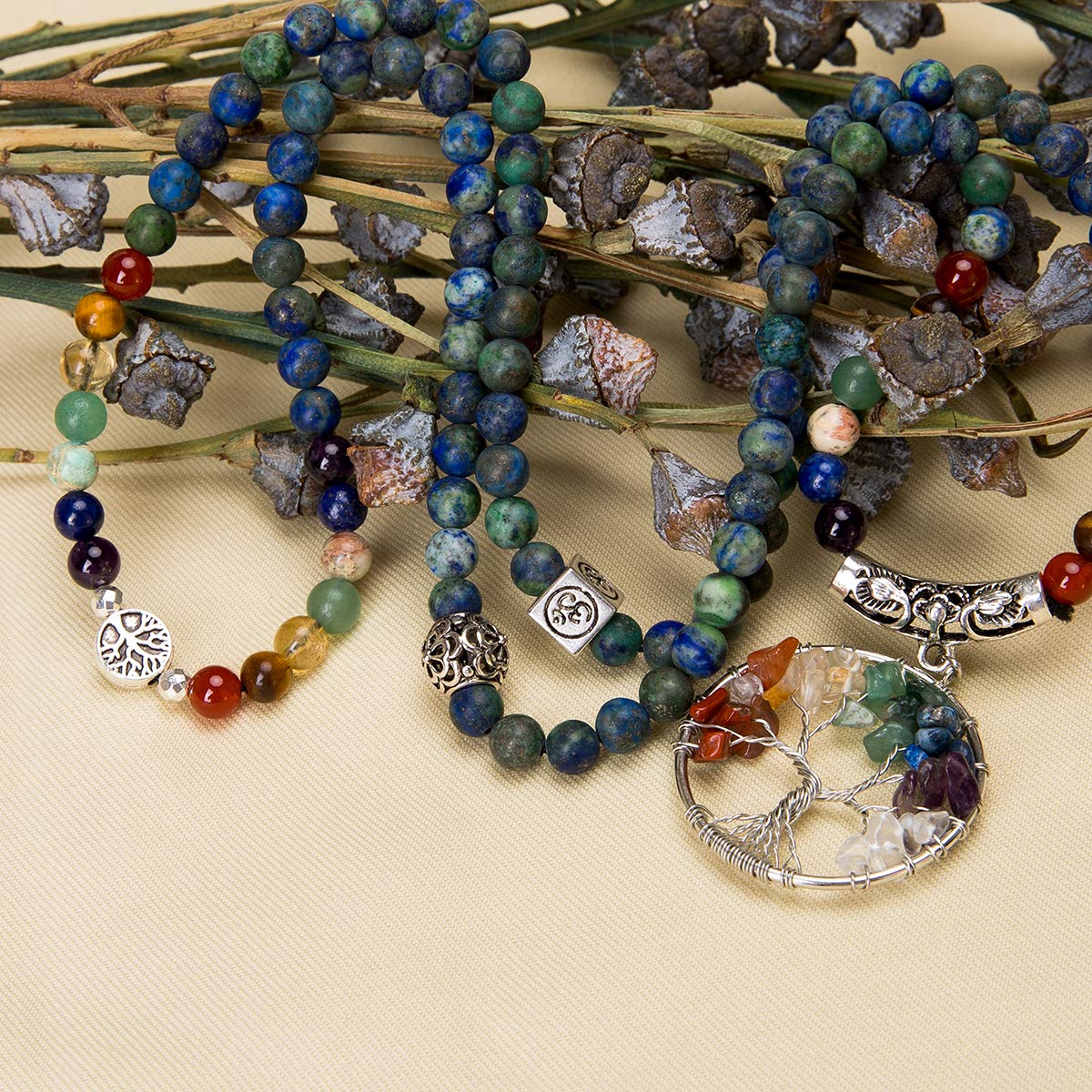 Bivei 108 Mala Beads Bracelet - 7 Chakra Life Tree Real Gemstone Yoga Meditation Mala Prayer Bead Necklace(Azurite Malachite Stone)