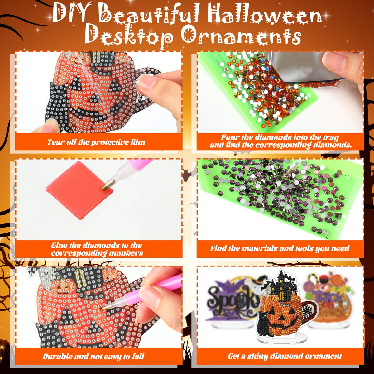 Kosiz 9 Pcs Halloween Diamond Painting Table Decorations Halloween Diamond Art Kits for Adults Double Sided Acrylic Bat Pumpkin Ghost Centerpieces for Tabletop DIY Crafts Gifts Party Decor Home