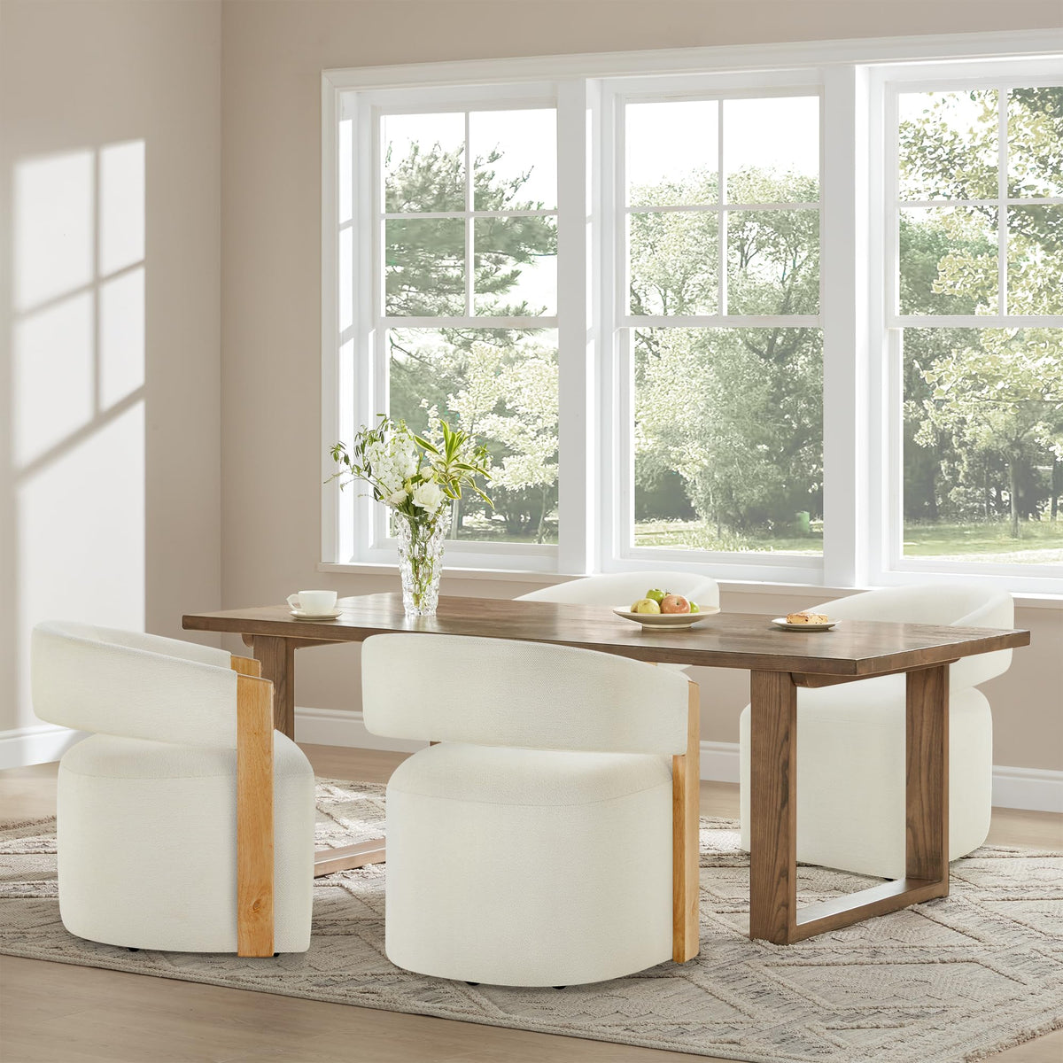 KISLOT Upholstered Dining Chairs Set of 2, Barrel Modern Dining Room Chairs with Casters, Kitchen Side Wooden Armchair with Fabric Cushion Seat for Bedroom, Livingroom, Reading Room, Beige, 2 Boxs