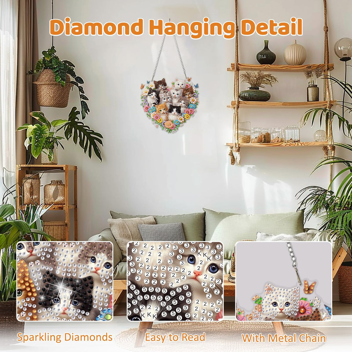 MEIYUDA Cat Diamond Art Hanging Kits for Adult, Flower Cats Diamond Painting Hanging Kits Ornaments, DIY Special Shaped Rhinestone Window Pendants Kit for Home Garden Wall Decor Gift