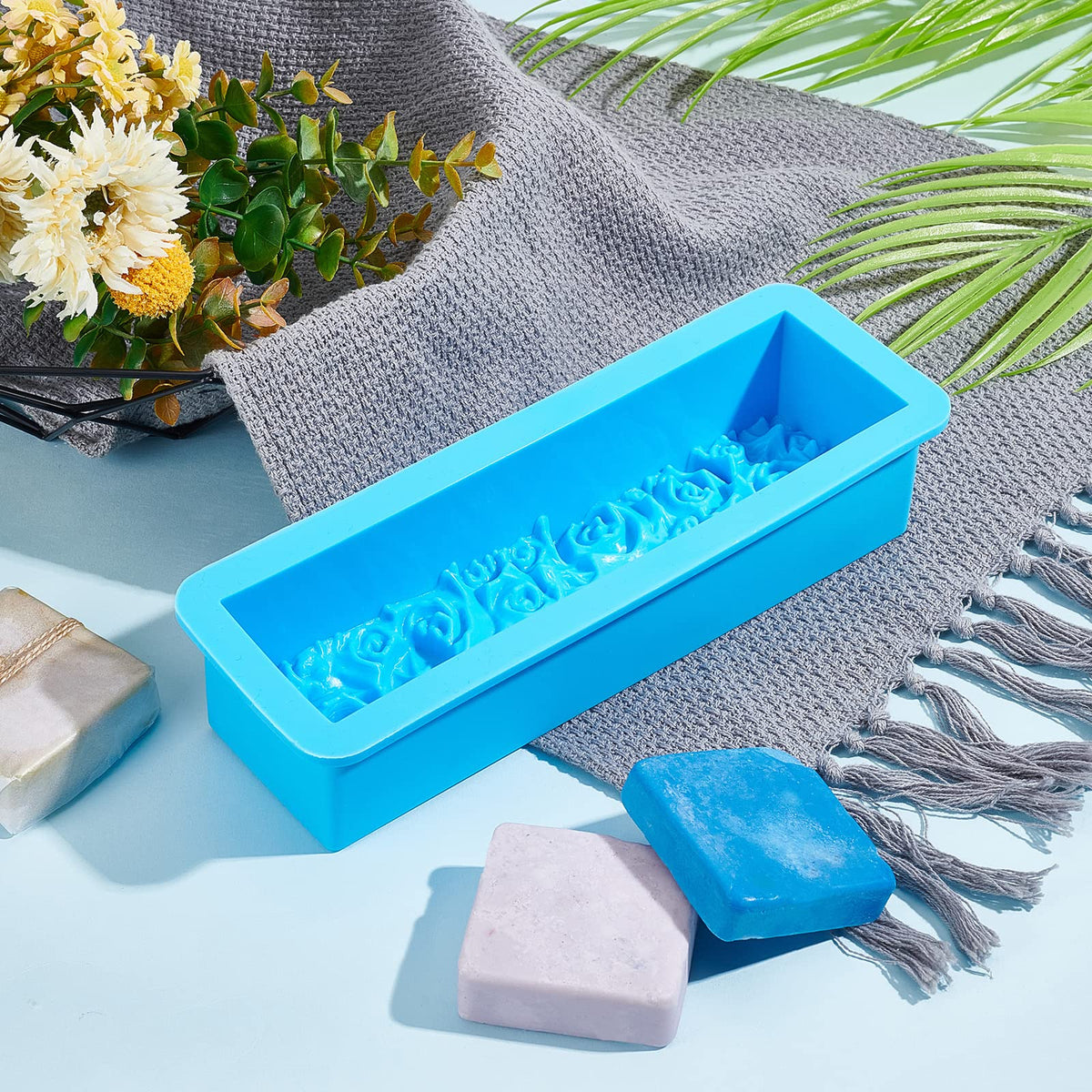 PH PandaHall Rose Loaf Mold, 22oz Flower Silicone Soap Molds 3D Embossed Crafts Mold Rectangle Resin Casting Molds for Handmade UV Resin Soap Candle Fondant Chocolate, 9.8x3.2x2.1inch 650ml