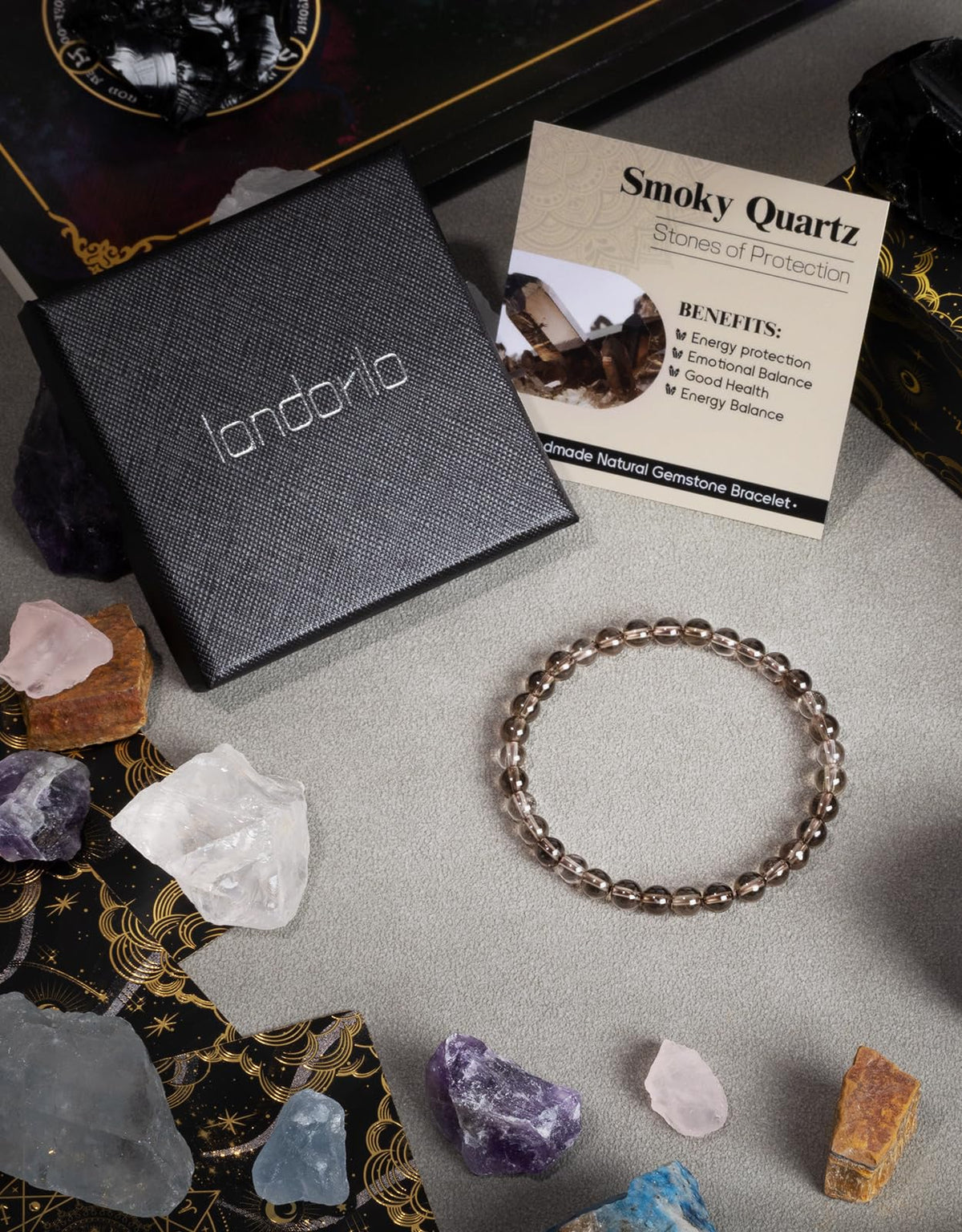 Landorilo Beaded Bracelet for Men Women, 6mm Natural Stone Smoky Quartz Healing Crystal Stretch Bracelets, Ideal Christmas Birthday Jewelry Gifts with Energy Card，Replacement Beads Included