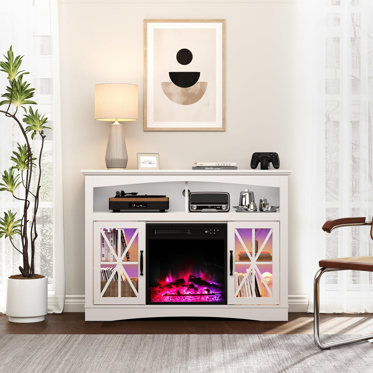 FansaFurn 47'' Farmhouse TV Stand with Fire Place and Adjustable Shelves, Retro TV Console with Glass Doors, Media Entertainment Center Storage Cabinet for Living Room, Bedroom, White